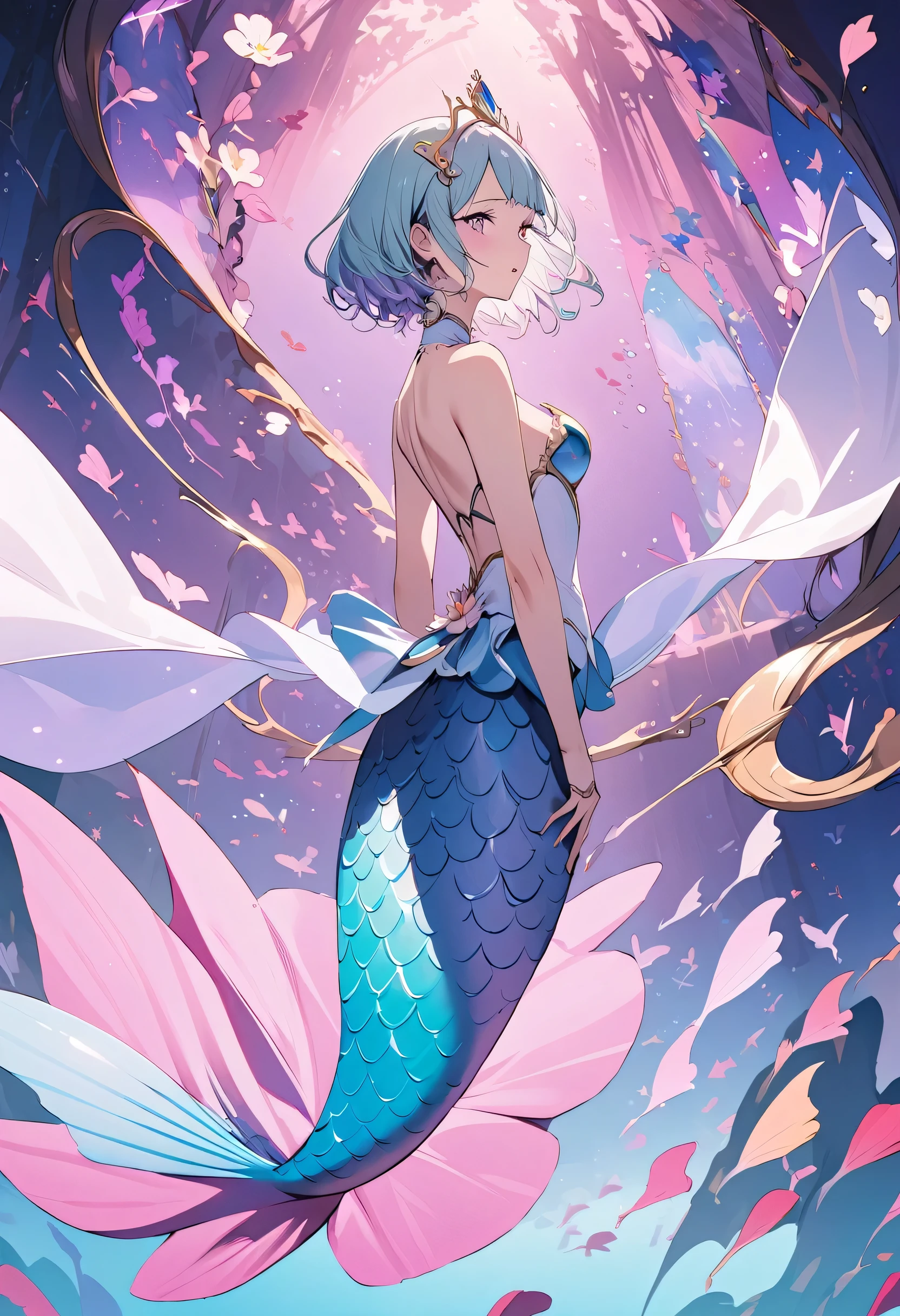 masterpiece, best quality, novel illustration, highres, 18+ mature content, sensual, intimate, emotional, passionate, romantic, sweet, endearing, innocent, pure, captivating, alluring, enticing, mysterious, enchanting, captivating, immersive, mesmerizing, dreamlike, surreal, imaginative, whimsical, artistic, avant-garde, timeless, elegant, sophisticated, chic, refined, unique, original, mesmerizing,((Mermaid Princess:1.3))