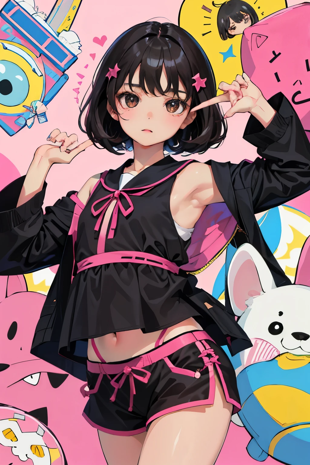 (child)，highest quality，Beautiful face in every detail，cute，Dark brown eyes，(背の低いcute女の子，Small young student，Young delicate girl）,（masterpiece，Top quality)，Black Hair，Sleepy expression，Sleeveless，(Pink shorts)
