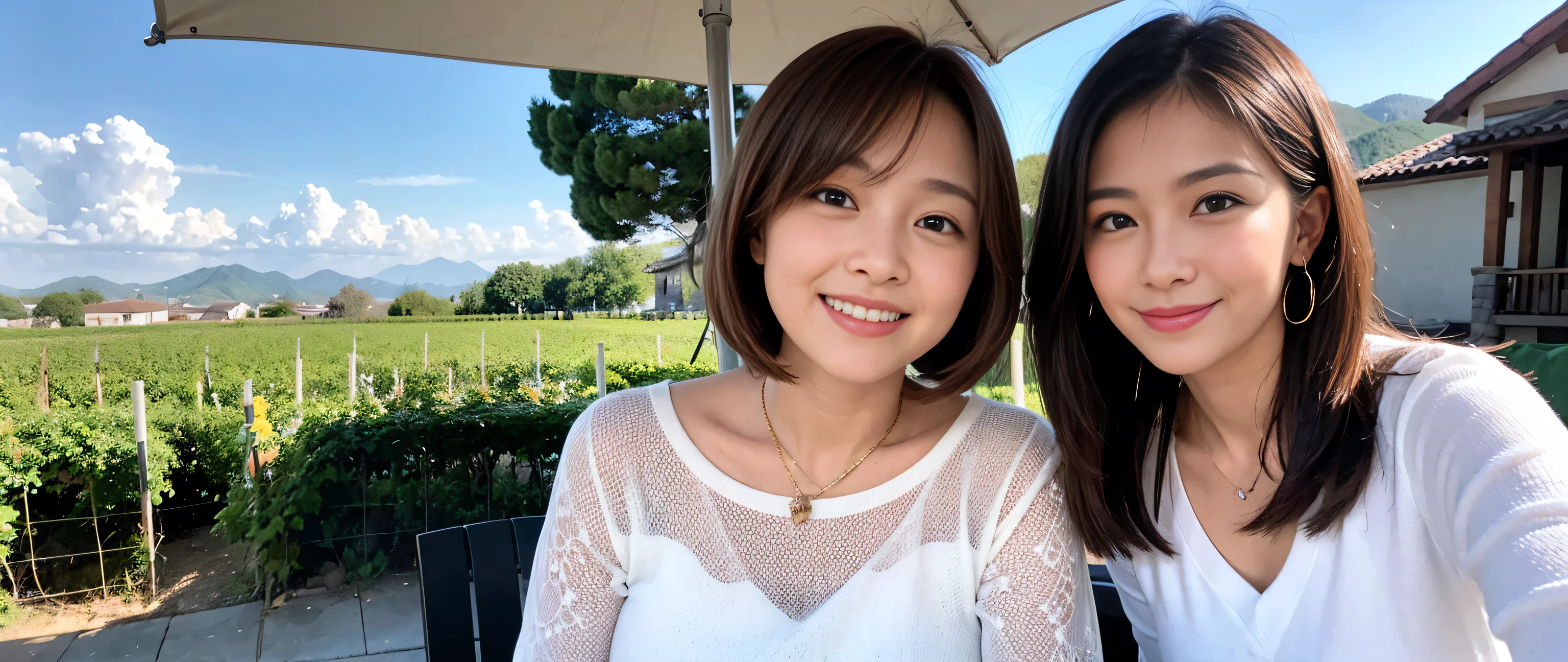 ((highest quality、8k、masterpiece:1.3))、1 male、1 female、Couple、Spouse、Couple、The body is slim、((Bob Hale、Straight hair:1.2)), (Realistic, Intricate details:1.2), Wine glass on the table、Put the light on your face、 Amazing view of the sunset sky and clouds、Amazing mountain views、A bright smile、The wonderfulness of smile、Bright image、The beauty of wine, Beautiful Face, blue eyes, The light shines on your face, Blushing, short hair,Bright Face、 (Age 37), 39 years old, red wine 、Appetizers、Italian food、Wine bottle、Champagne、sparkling wine、Two beauties、Brown Hair、Shortcuts、Long sleeve shirt、dress、Pretty Woman 1, (Slim face), (The body is slim), (Brown Hair), (Shortcuts), cheeks turn a little red,Attractive beauty、restaurant, In a prominent place (From the waist up) Nova Frog Style, actress, model, Upper Body, White wine, slim, wine glass, A wine glass placed in the center, smile, (smile: 1.15), Beautiful fine grain, Depth f/2,saturation, High Contrast, Strong light and shadow,Moist Body:1.5、3D texture、Delicate eyes、Brown Hair、The hair is very shiny、