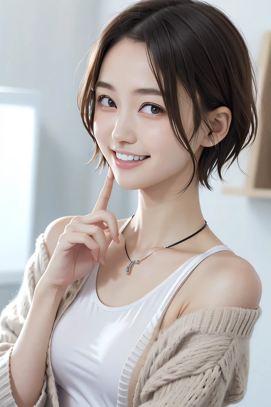 205 ((short hair)), 20-year-old female, In underwear、cardigan、Not through the sleeves、Wear it on your shoulder、 Dynamic Angle、Open your mouth、smile、Beautiful teeth alignment、Black Hair、ear piercing、Necklace around the neck、Looking into the camera