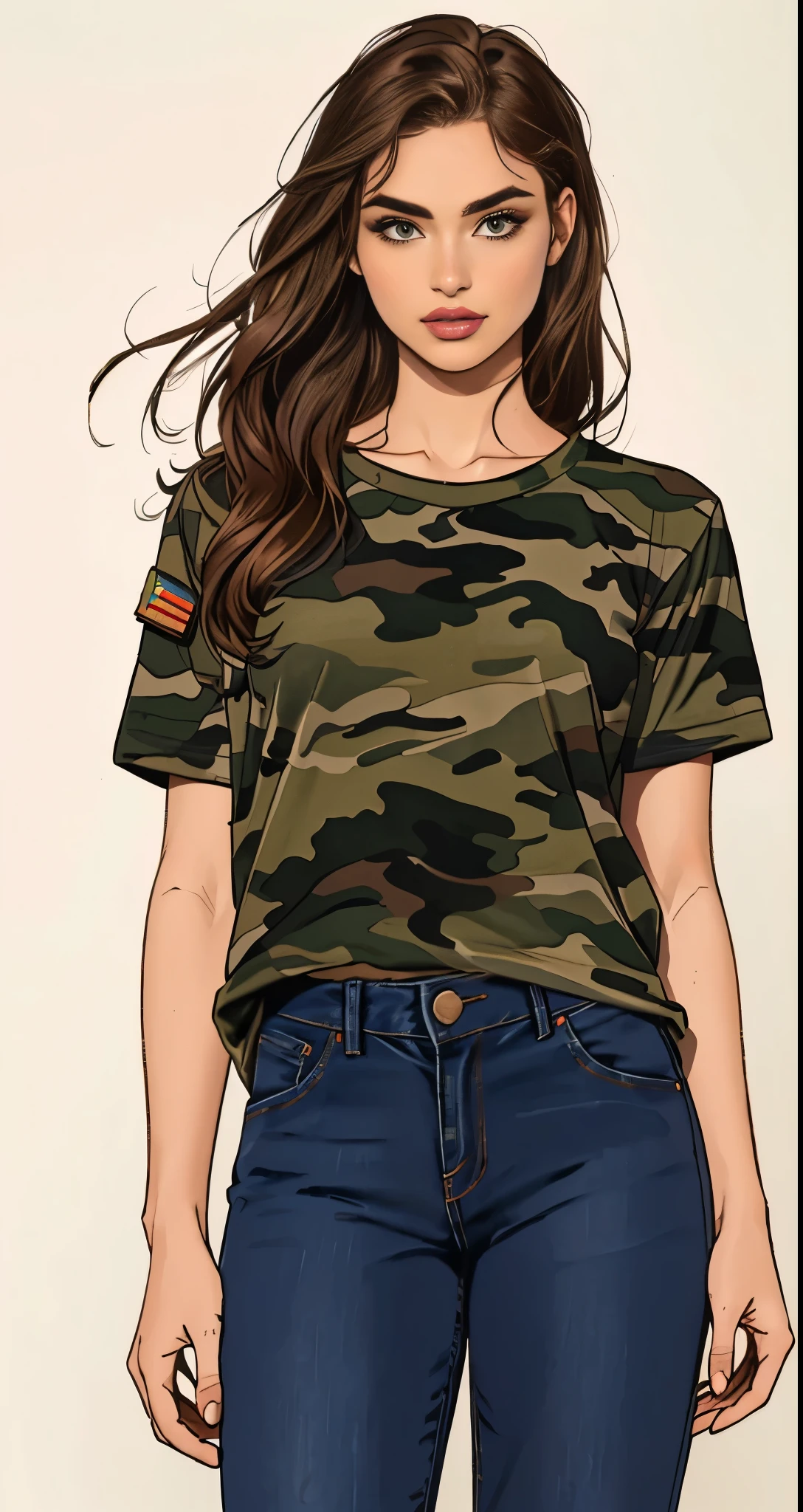 uma mulher com camisa camuflada e jeans posando para uma foto, vestindo uma camiseta e combate, vestindo camuflagem, corte superior, army clothes, roupas militares, corte superior, camuflar, camuflagem da selva, camo, roupa militar, graphic t-shirts, com camiseta rasgada, wearing corte superior, graphic print, wearing a corte superior, usando tops curtos