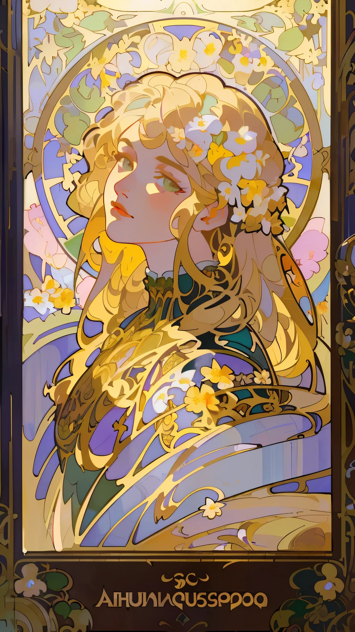 masterpiece, art deco, European woman's face portrait, long curly hair, blonde, flower frame, decorative panel, Alphonse Mucha (masterpiece, highest quality, high resolution: 1.4), detailed, intricate details, 4K, color splash, flowers