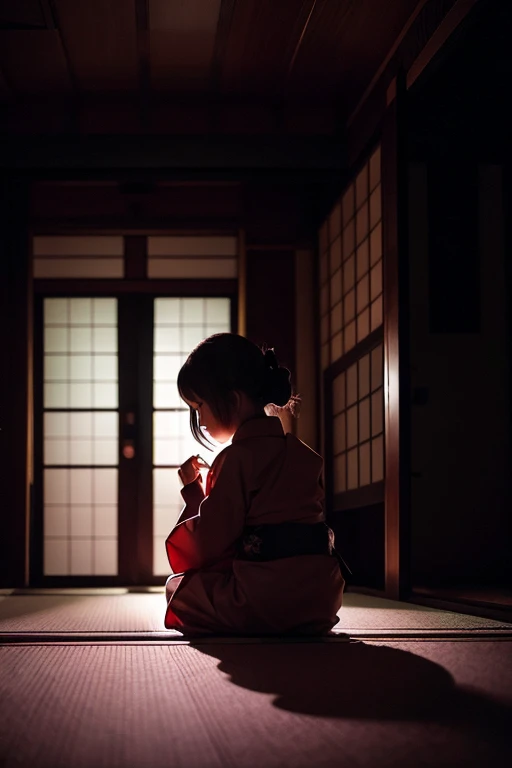 A Japanese girl in her 20s is crying while looking at a photo album in a dimly lit room with the light of the setting sun shining through the window