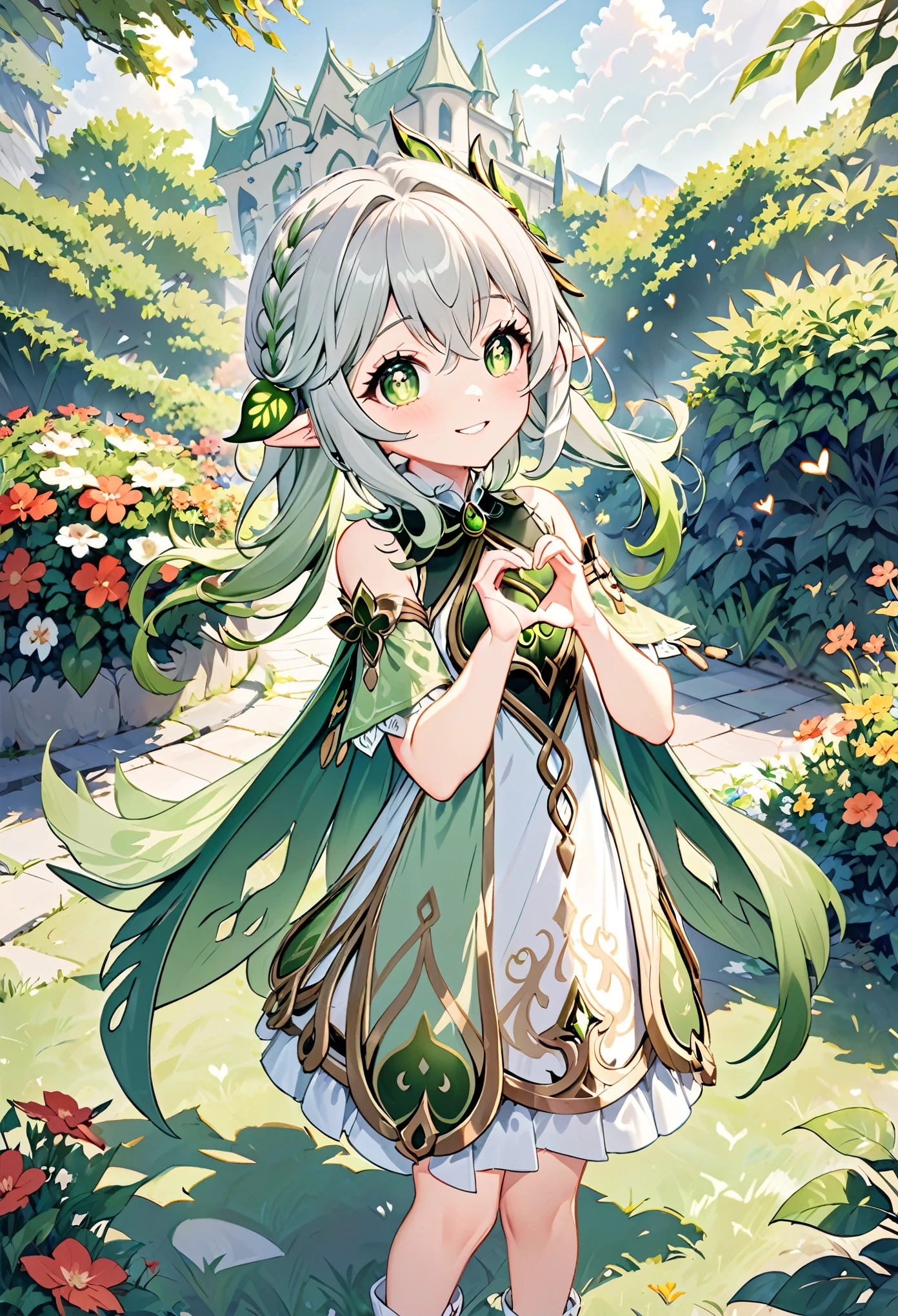 ((heart hands)), nahida_genshin, cross-shaped pupils, green cape, nahida \(genshin impact\), smiling,bush