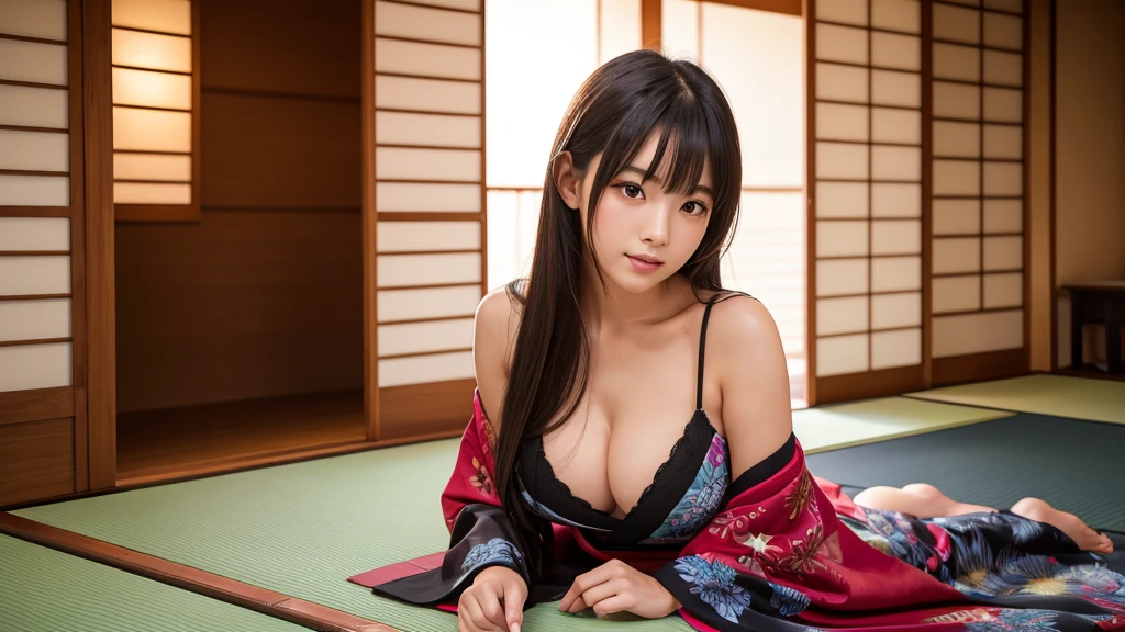 An ultra-realistic 8K photo of a young Japanese idol-style woman with a small, round face and youthful features. She has black, semi-long, straight hair, and a curvy build with fair skin. She is wearing an elaborate, revealing kimono with vibrant patterns, loosely draped off her shoulders to expose her bare chest and erect nipples. She stands provocatively in a traditional Japanese room with tatami mats and paper sliding doors, one hand holding a delicate fan and the other resting on her hip, accentuating her curves. The background features dim, warm lighting with elegant Japanese decor. The camera angle is a low-angle shot, capturing her full figure and the luxurious, sensual setting in 8K resolution.