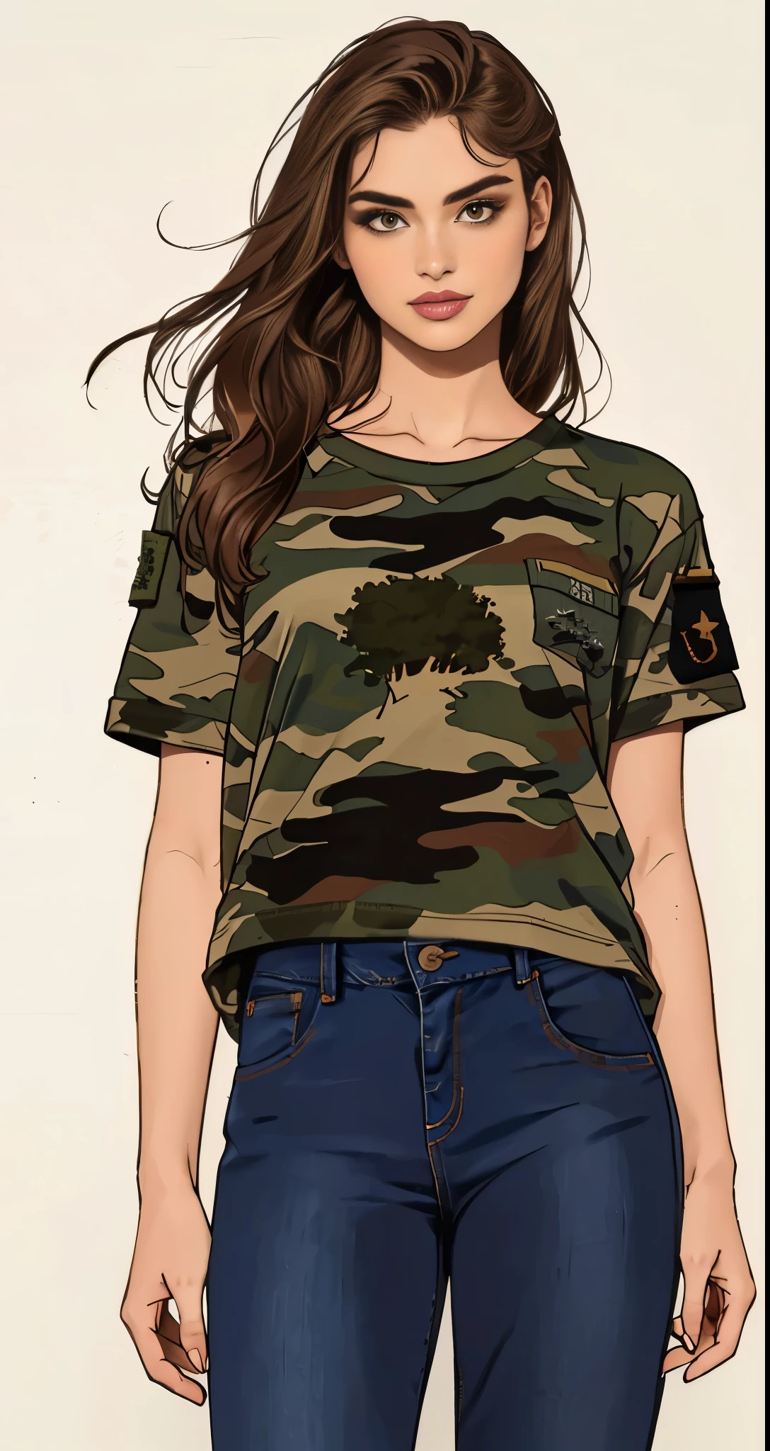 uma mulher com camisa camuflada e jeans posando para uma foto, vestindo uma camiseta e combate, vestindo camuflagem, corte superior, army clothes, roupas militares, corte superior, camuflar, camuflagem da selva, camo, roupa militar, graphic t-shirts, com camiseta rasgada, wearing corte superior, graphic print, wearing a corte superior, usando tops curtos