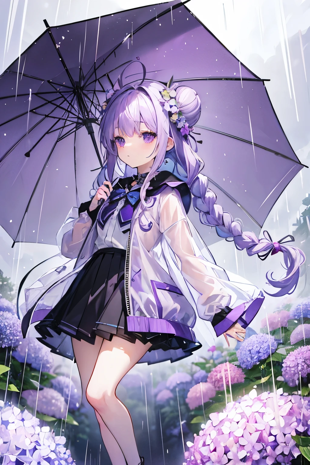 Light purple bun，Bangs，Light purple hair，Two twisted braids，Transparent raincoat，Black skirt，Transparent umbrella，Hydrangea，rain
