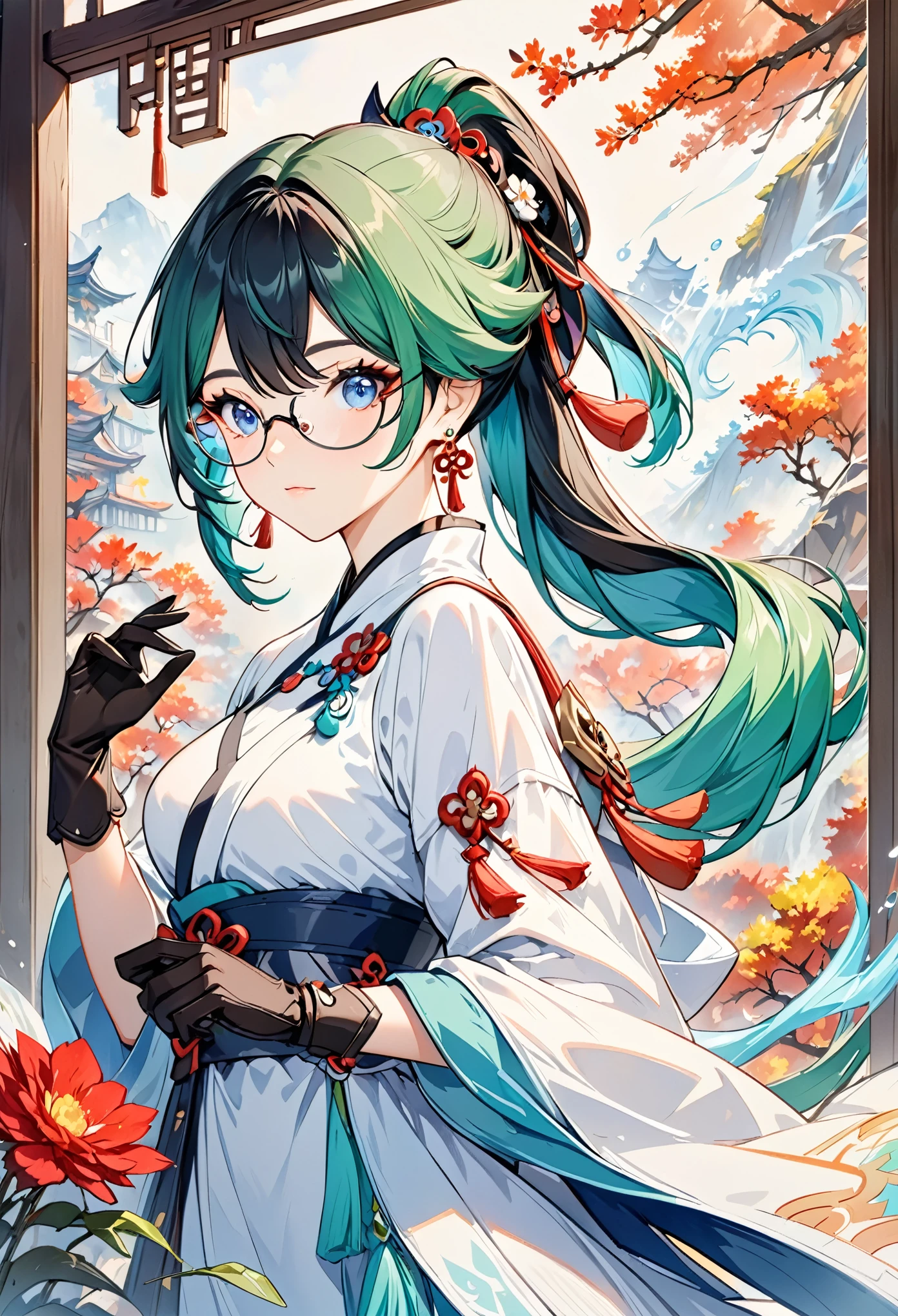 Xianyun_(genshin_impact),
Xianyun (genshin impact),
1girl,glasses,solo,breasts,hair ornament,green hair,multicolored hair,ponytail,looking at viewer,gloves,long hair,black hair,bangs,semi-rimless eyewear,blue eyes,earrings,jewelry,black gloves,upper body,closed mouth,
A shot with tension,(Visual impact,giving the poster a dynamic and visually striking appearance:1.2),impactful picture,(full body:1.3),
(masterpiece, best quality:1.2),offcial art,colorful,splash of color,movie perspective,advertising style,magazine cover,