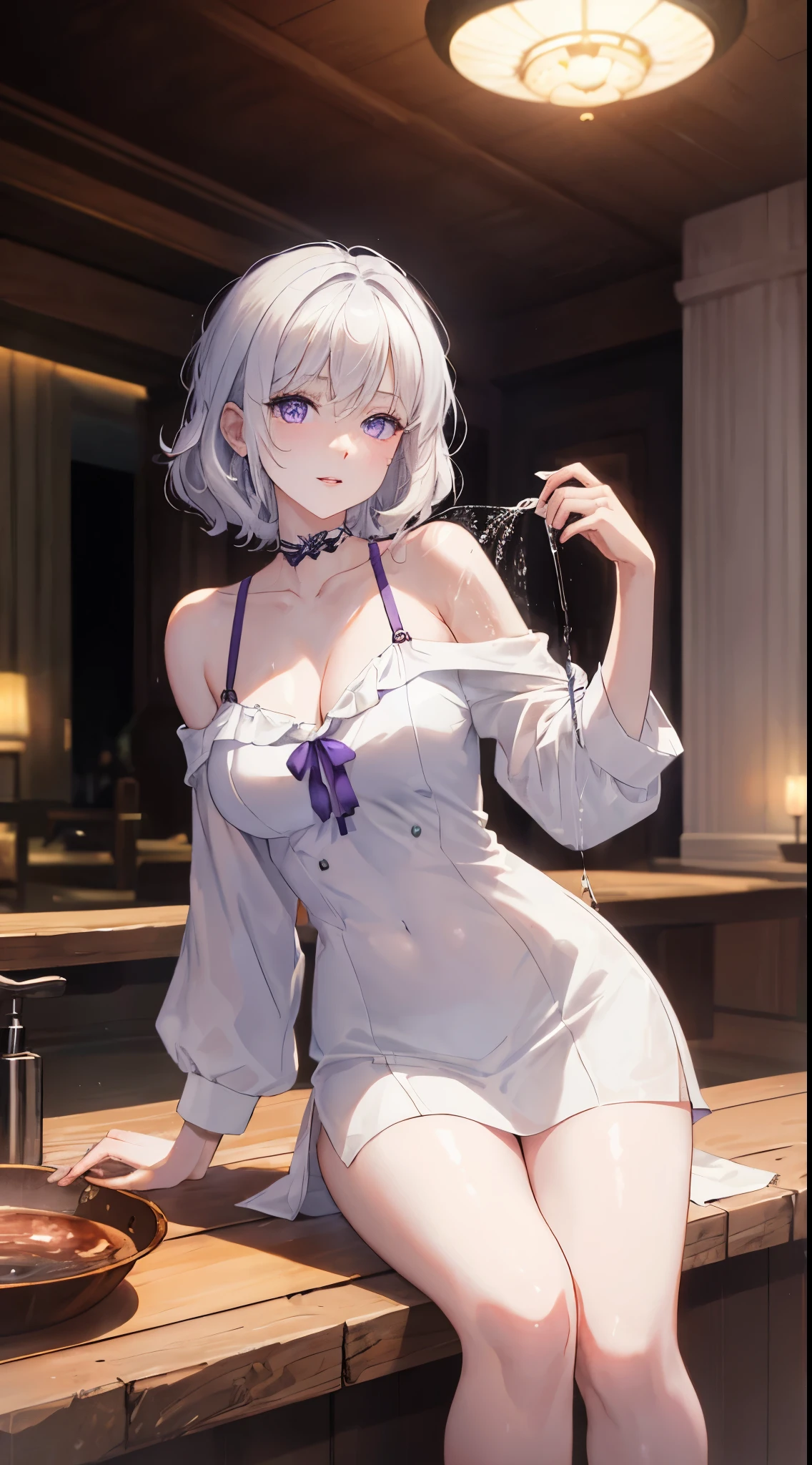 high resolution: 1.7, Ridiculous, Lovely: 1, Lovely: 1.5, Employed.Fix: 1. 5, anime visuals: 1, Incredibly beautiful illustrations, Crystal clear white skin, Asian girl, Sensual, whole body, white hair, Short curly hair, Purple Eyes, Average breast, hot spring hotel, Use the reflection of hot water to hide the invisible body, Soak up to shoulders, exposed, hot flashes,