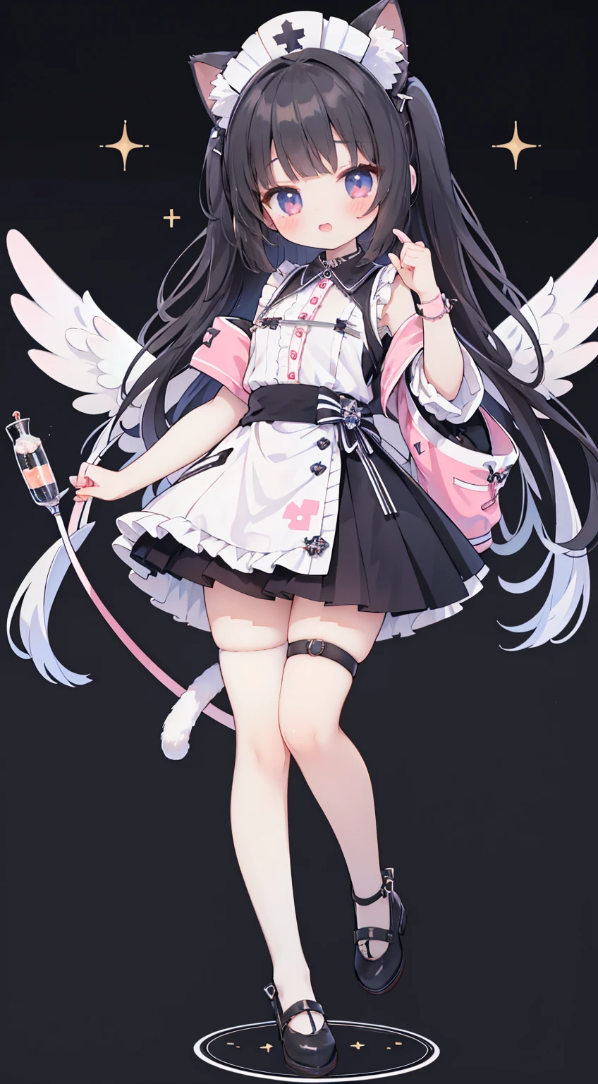1girl, bow, bowtie, dress shirt, feathered wings, feathers, frilled skirt, frills, grey background, hair between eyes, high-waist skirt, long hair, looking at viewer, maid headdress, red bow, red bowtie, red eyes, shirt, simple background, single wing, skirt, skirt hold, sleeveless, sleeveless shirt, solo, standing, thighhighs, white feathers, white shirt, white skirt, white thighhighs, white wings, wings, wrist cuffs