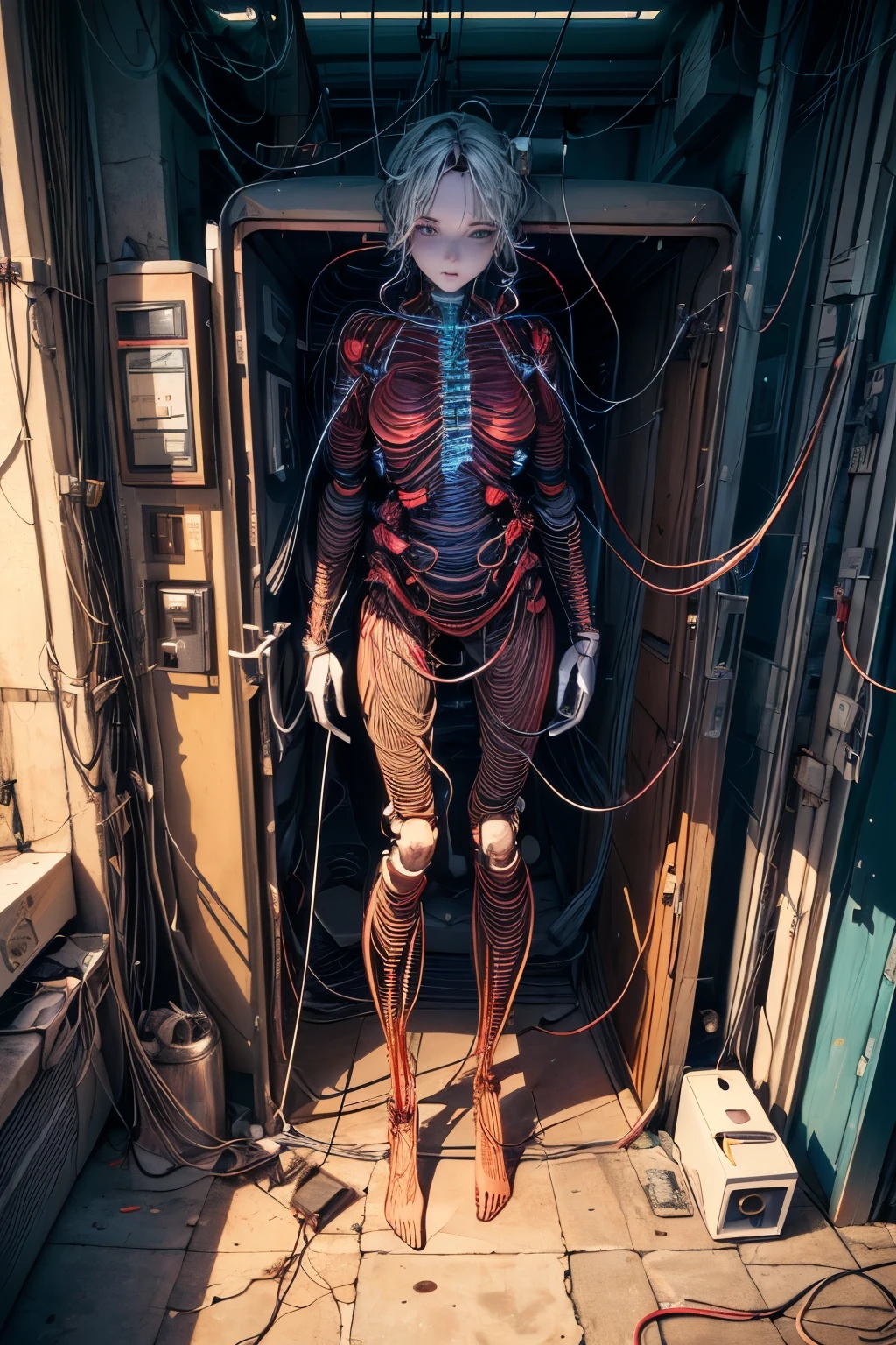 (((masterpiece))), ((best quality)), (ultra-detailed), (CG illustration), (an extremely devious and beautiful)), cinematic light, ((1 mechanical girl)), single, (machine-made joints: 1.4), ((mechanical limbs)), ( blood vessels attached to the tube), ((mechanical cervical vertebrae attached to the neck), ((front_view)), (loking_at_the_viewer)), expressionless, (wires and cables attached to the head and body: 1.5), ((mid_range_shot)), (full_body_view), science fiction, apocalypse, ruins