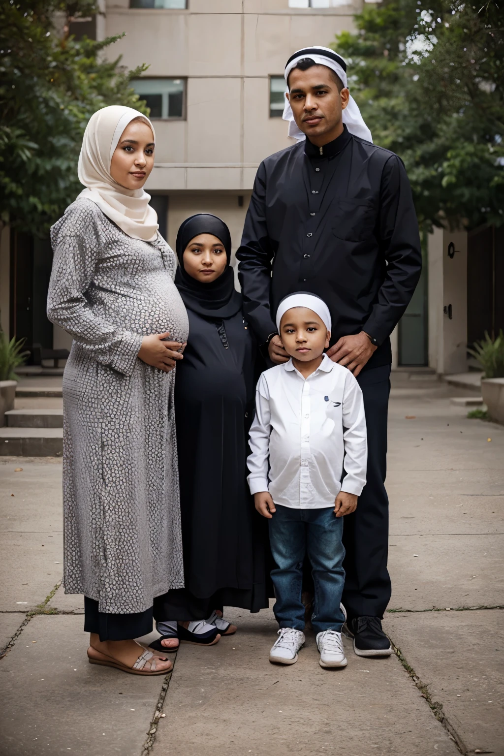 Father, mother with hijab and pregnant, and son