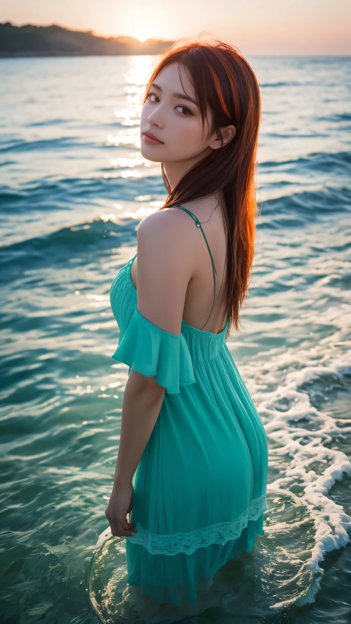 (masterpiece, highest quality), ((woman, alone, Long Hair)), Ishmael_edge, Innocent look, Bare arms, Exposing shoulders, Bare neck, watercolor, Sundress, Liquid clothing, water, Wave, water dress, green_theme, night, haze, dark, Sharp focus, Ocean, See-through dress, Orange Hair