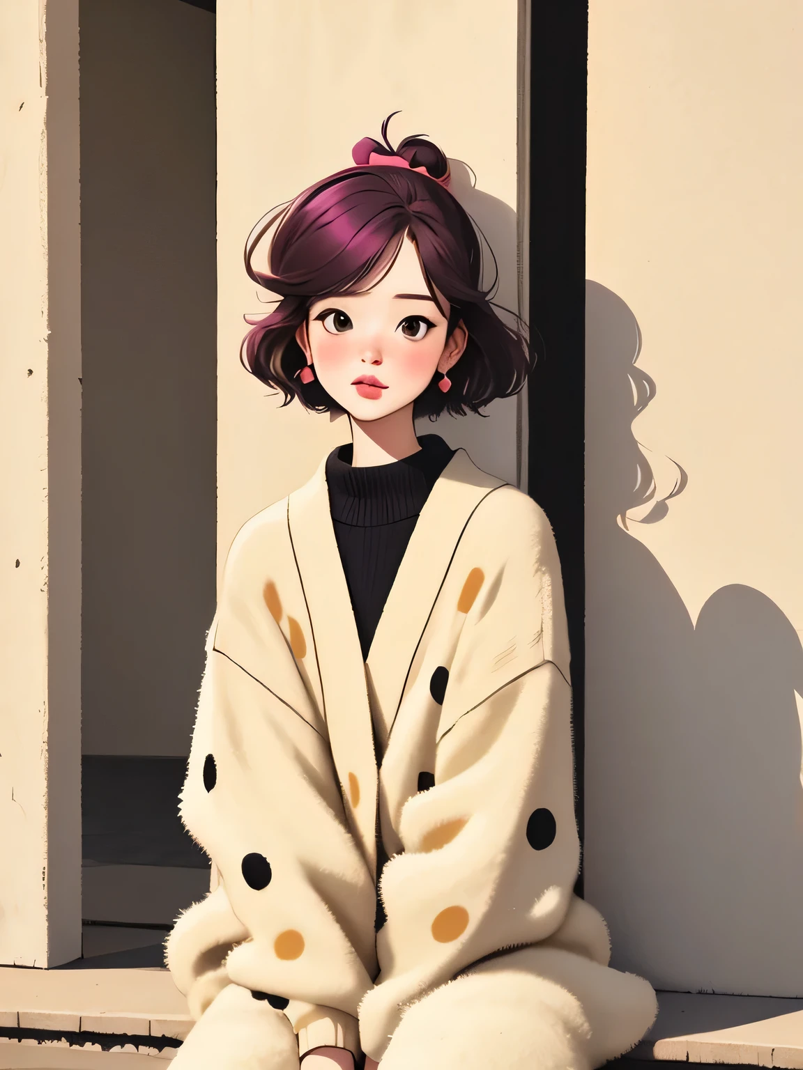 Watase Seizo style, Standing in front of a high wall，Simple Line Initialism，Abstract art，Urban Background, (((The most beautiful girl))), Lips in Love, sitting, (masterpiece, best quality:1.2), 1 girl, alone，colorful bob hair，bow headband，
