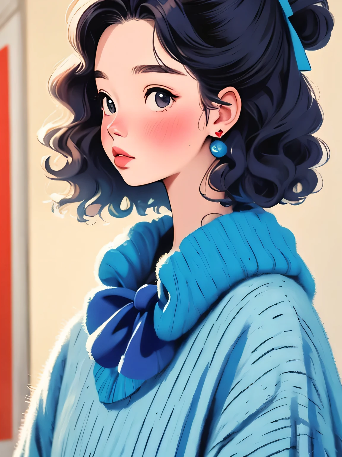 Watase Seizo style, Standing in front of a high wall，Simple Line Initialism，Abstract art，Urban Background, (((The most beautiful girl))), Lips in Love, sitting, (masterpiece, best quality:1.2), 1 girl, alone，colorful bob hair，bow headband，
