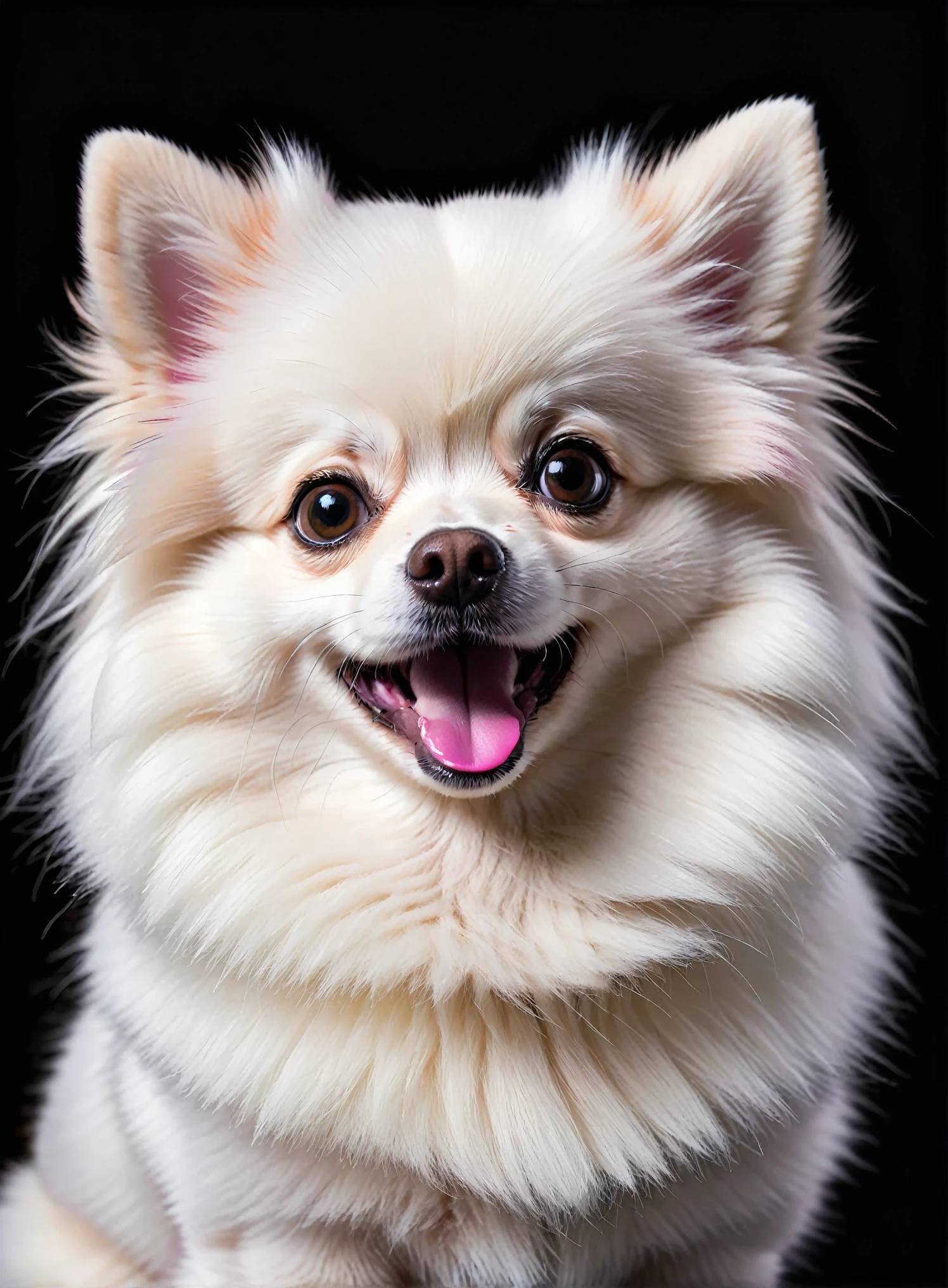 Mini Pomeranian，Pure white smooth hair，Pink ears，black background，Close-up of head