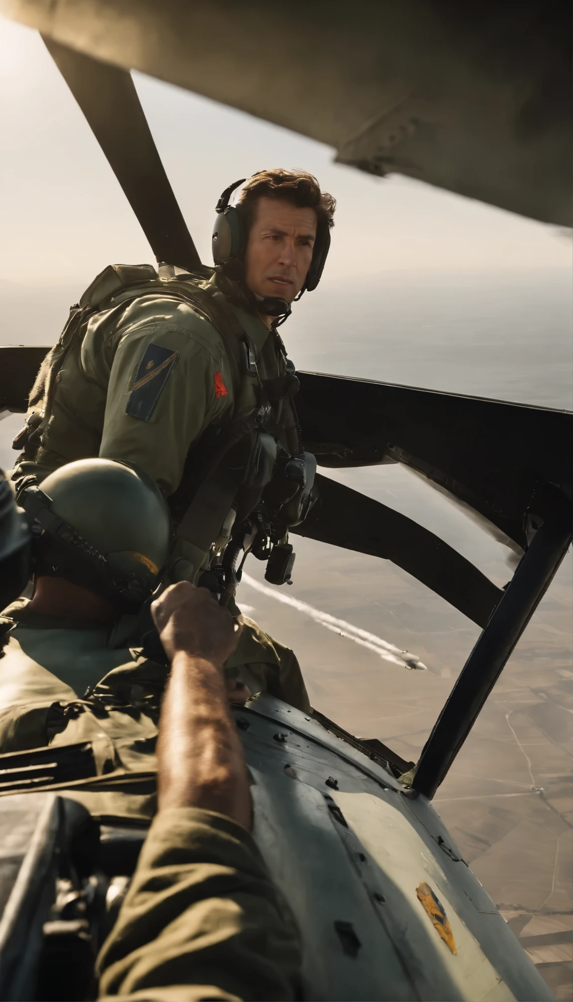 with high definition images,Hollywood high definition movie stills:『Top Gun Maverick』The thrilling battle scenes。Two aircraft, the F-14 Tomcat and the SU-59 stealth fighter, piloted by the legendary Maverick,、Glide side-by-side against a breathtaking skyline。With precise precision、Their machines shine in the sun、Showcasing the impressive technology of modern air warfare。The intensity of this scene、Hold the control stick tightly、This is accentuated by the look of concentration on the pilot's face as he expertly maneuvers the aircraft in a dance of speed and power.。A scene from a movie,Top Gun Maverick's powerful battle scene。An F-14 Maverick and an SU-59 stealth fighter flying side by side