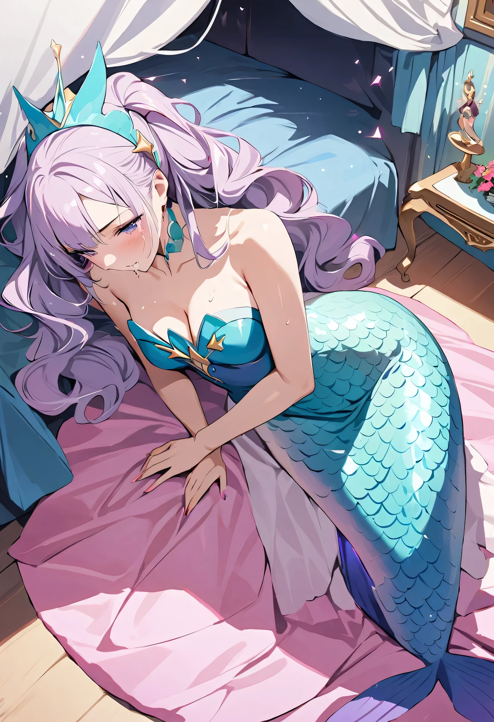 masterpiece, best quality, novel illustration, highres, 18+ mature content, sensual, intimate, emotional, passionate, romantic, sweet, endearing, innocent, pure, captivating, alluring, enticing, mysterious, enchanting, captivating, immersive, mesmerizing, dreamlike, surreal, imaginative, whimsical, artistic, avant-garde, timeless, elegant, sophisticated, chic, refined, unique, original, mesmerizing,((Mermaid Princess:1.3)),Beautiful tears