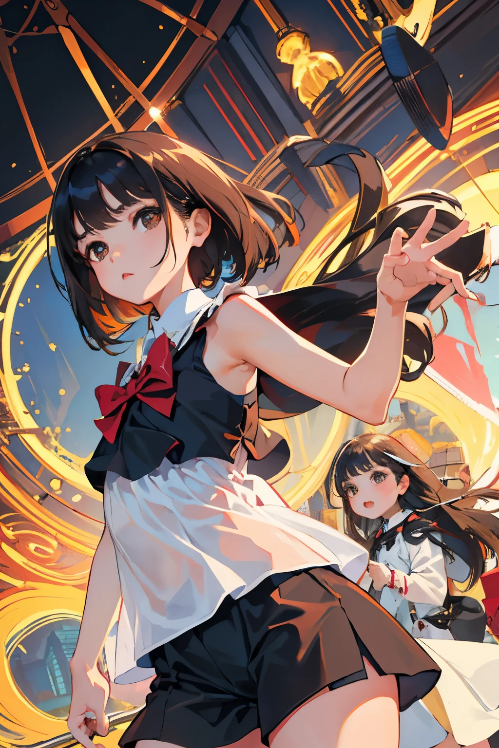 (child),highest quality,Beautiful face in every detail,cute,Dark brown eyes,(背の低いcute女の子,Small young student,Young delicate girl),(masterpiece,Top quality),Black Hair,Sleepy expression,Sleeveless,(White shorts),squat