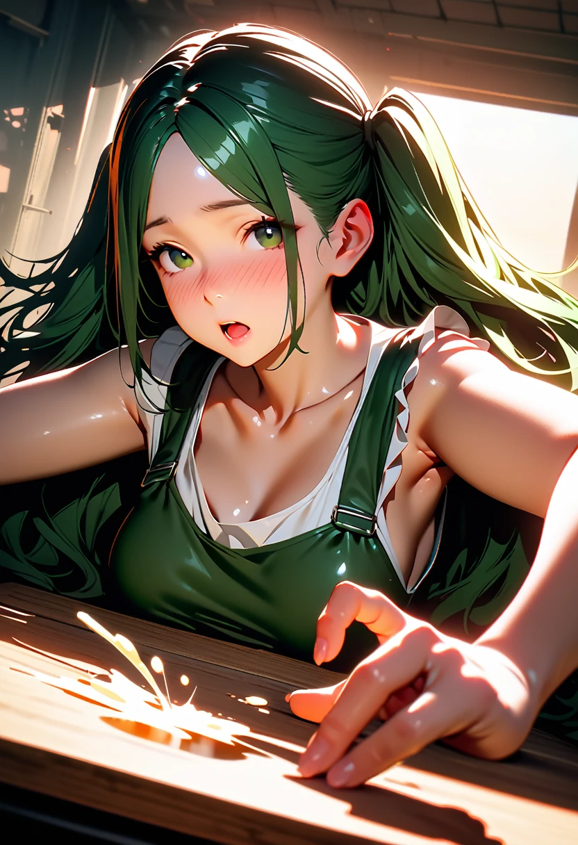 1girl, ((twintails)), green hair, green eyes, ((Large Breasts)), green blouse, collared shirt, Sleeveless, ((green suspender skirt)), break, break, (((School classroom))), (((At dusk))), (((Lie down on the desk))), Upper Body, Dynamic Angle, (nose blush), break, ((vaginal, missionary, POV)), (((Vaginal,Sex))),(((Cum in pussy))), break,  Shiny and smooth hair, ((Image Processing Algorithms：1.2)), break, Very detailed目, highest quality, Ultra HD, High resolution, Beautiful and vivid illustrations, break, High Contrast, Tonal correction, Ultra-realistic oily and shiny skin, Super quality, High resolution CG Unity 8K 壁紙, RAW Photos, Accurate Fingers, (((Perfect Anatomy))),(masterpiece:1.2) , (highest quality:1.2) , (Very detailed:1.2)