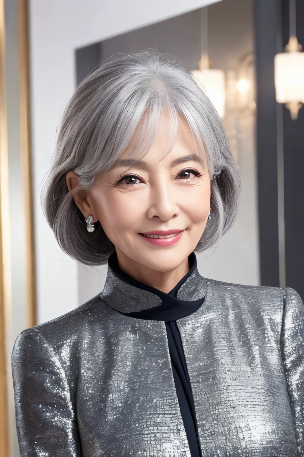 62 years old。smile、Your eyes are sparkling、Gray Hair、upper class、dignity、haute couture、