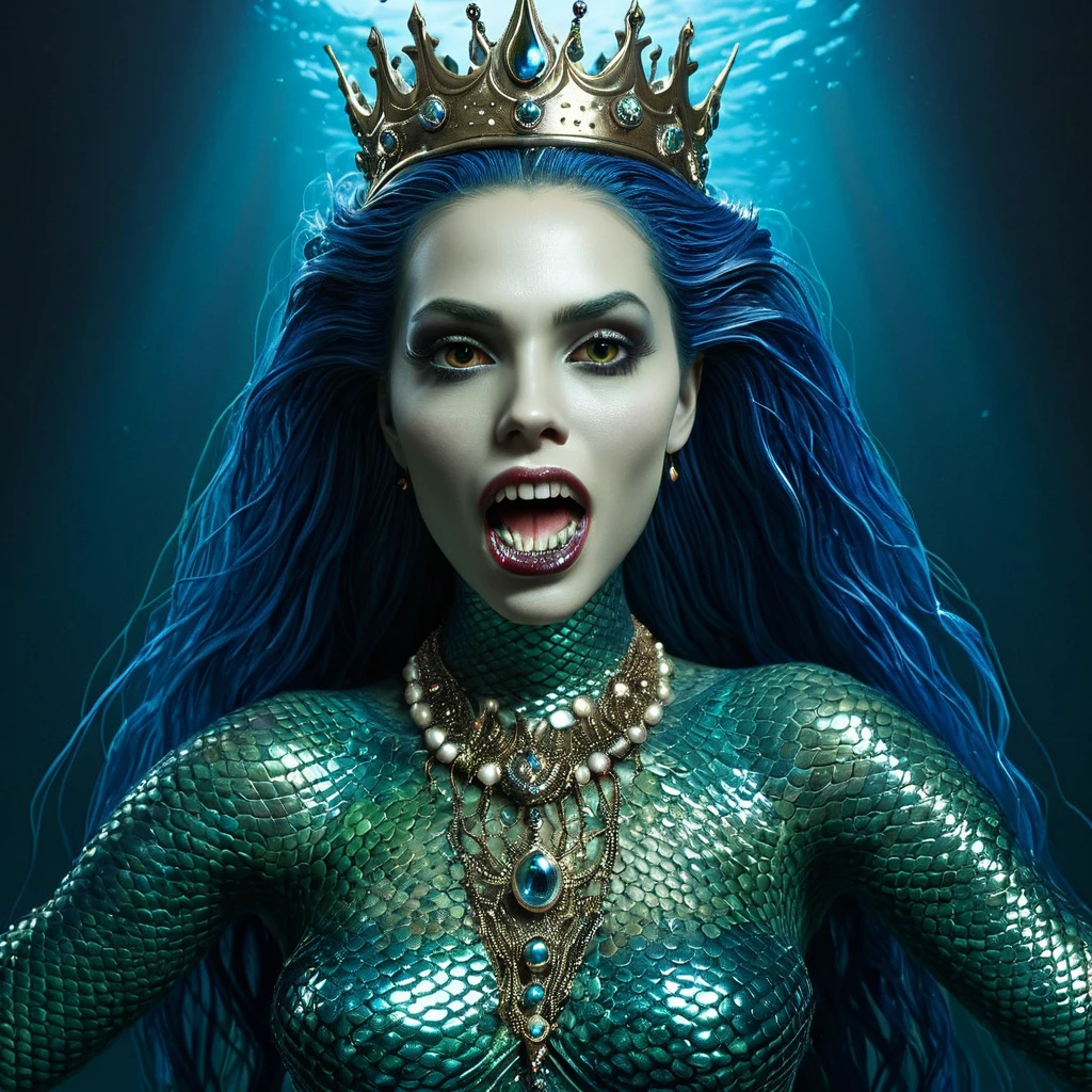 A vividly detailed, hyperrealistic portrayal of a mermaid queen by invoking the artistic styles of Yigal Ozer and Kelley Jones. This queen, terrifying in her beauty and horror, flaunts grotesquely thin lips harboring needle-like teeth. Oversized, fishy eyes mark her visage enhanced by a chilling crown delicately constructed from human bones. Vulnerable, claw-like hands gleam. octane render. 32k anatomically perfect, High Resolution, High Quality , Masterpiece