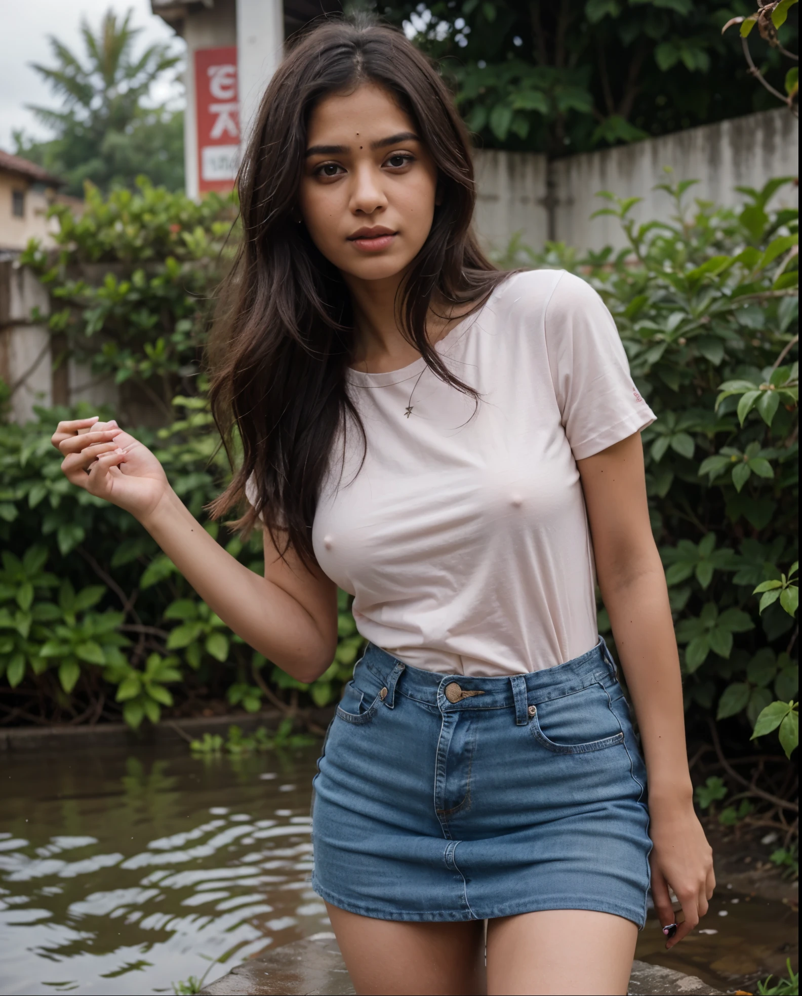 Indian girl same girl with pink shirt and blue jeans full dress with monsoon season different style