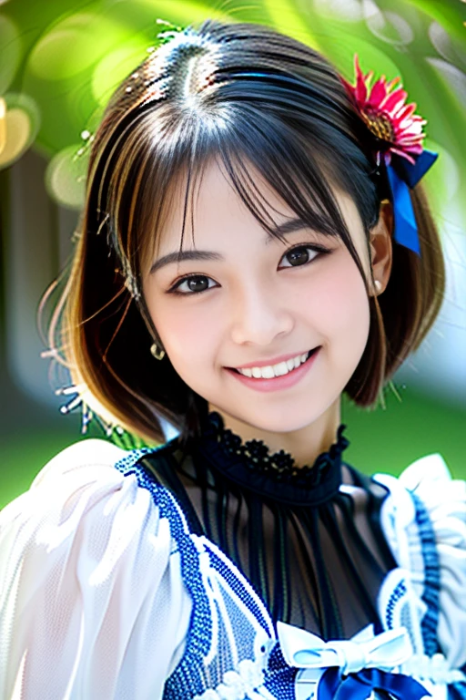 (Highest quality details:1.2), Realistic, 8K Ultra HD, High resolution, Fujifilm(Medium format), Hasselblad, Carl Zeiss, Incredible dynamic range photography(utility_art:Smoose-768:1.1), (One Girl:1.2), Super detailed, High quality textures, Intricate details, detailed, Very detailed CG, High Quality Shadows, detailed Beautiful and delicate face, detailed Beautiful and delicate eyes, Depth of written boundary, Ray Tracing, 18 years old, Cute Japanese Girl, Narrow Face, Glossy lips, Glowing Eyes, Glowing Eyes, Perfect body, View the viewer, (Jewelry Earrings), (Eye Color: Brown), (Bright red flower hair ornament), (Long white hair), (Layered Hairstyles), (Classic Gothic ta:1.5), Fashion Model Style, face close up, smile