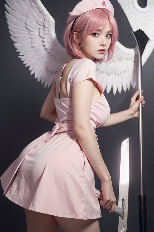 masterpiece,highest quality,Beauty,Pink Hair,bangs,Bobcut,nurse cap,Big Breasts,((Facing forward)),(Devil Nurse),(holding a big scythe in his hand),(Angel's wing),Cemetery at night,