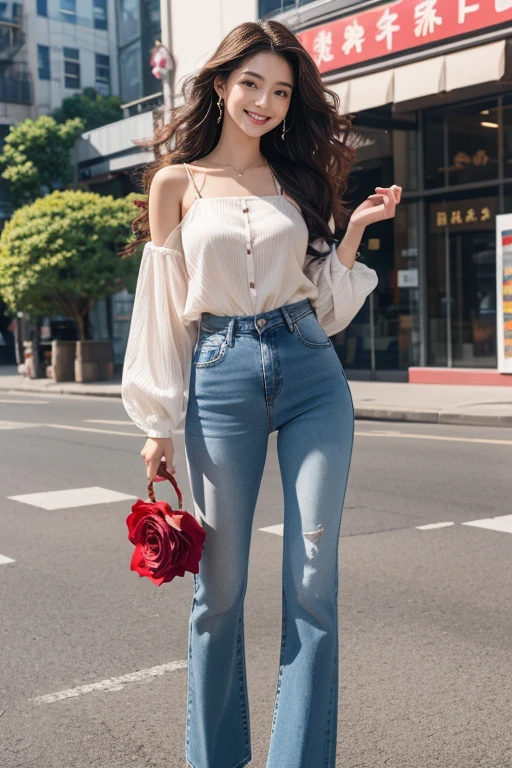 highest quality、4K、Perfect Face、Perfect Style、Sunburn、beautiful、stylish appeal、Mature、long layer curly hair、Swept-back hair、at city 、full body, giddy smile、havin a rose bouquet 、 pierce、jeans、
