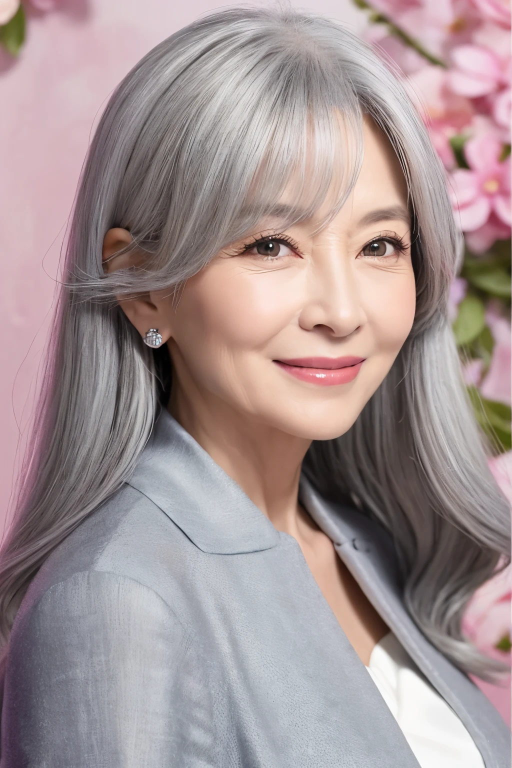 62 years old。smile、Your eyes are sparkling、Gray Hair、upper class、dignity、haute couture、