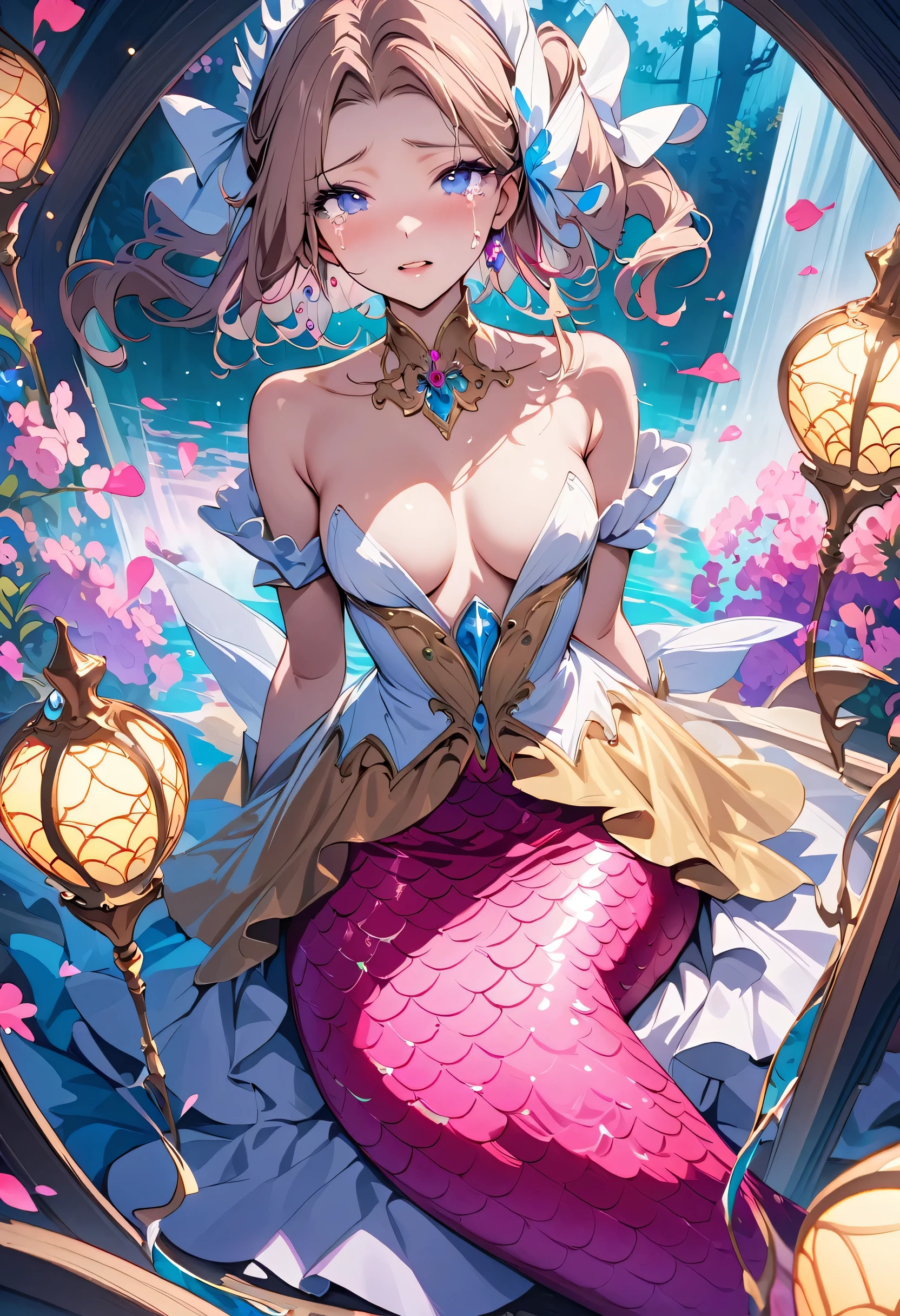masterpiece, best quality, novel illustration, highres, 18+ mature content, sensual, intimate, emotional, passionate, romantic, sweet, endearing, innocent, pure, captivating, alluring, enticing, mysterious, enchanting, captivating, immersive, mesmerizing, dreamlike, surreal, imaginative, whimsical, artistic, avant-garde, timeless, elegant, sophisticated, chic, refined, unique, original, mesmerizing,((Mermaid Princess:1.3)),((Beautiful tears))
