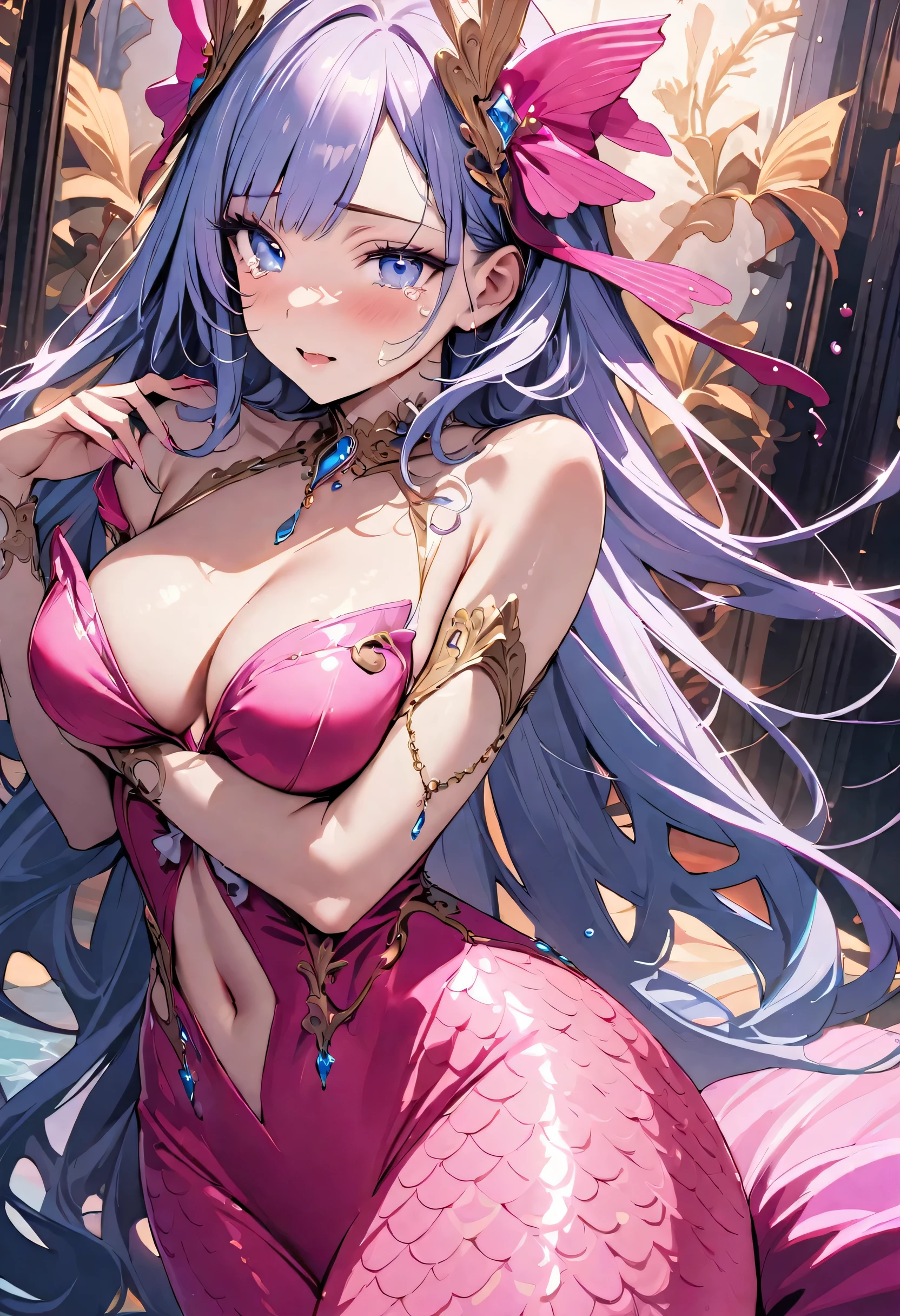 masterpiece, best quality, novel illustration, highres, 18+ mature content, sensual, intimate, emotional, passionate, romantic, sweet, endearing, innocent, pure, captivating, alluring, enticing, mysterious, enchanting, captivating, immersive, mesmerizing, dreamlike, surreal, imaginative, whimsical, artistic, avant-garde, timeless, elegant, sophisticated, chic, refined, unique, original, mesmerizing,((Mermaid Princess:1.3)),((Beautiful tears))