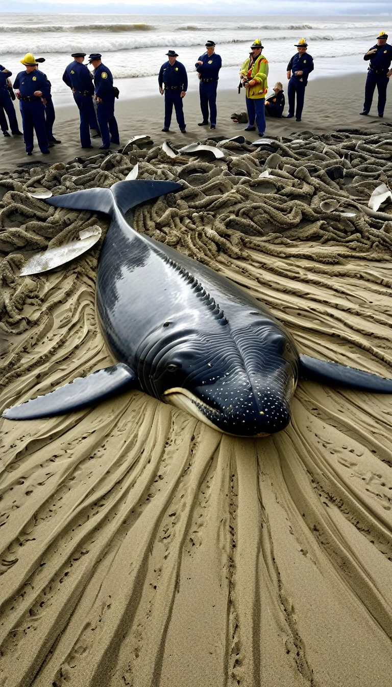 A hyper-realistic image capturing the aftermath of the whale explosion on an Oregon beach. The scene shows a vast beach with detailed sand textures and ocean waves in the background. Pieces of whale blubber and remains are scattered across the shore, some partially buried in the sand. Onlookers, dressed in 1970s attire, are depicted with expressions of shock and curiosity, while emergency workers in uniforms are seen trying to manage the situation.