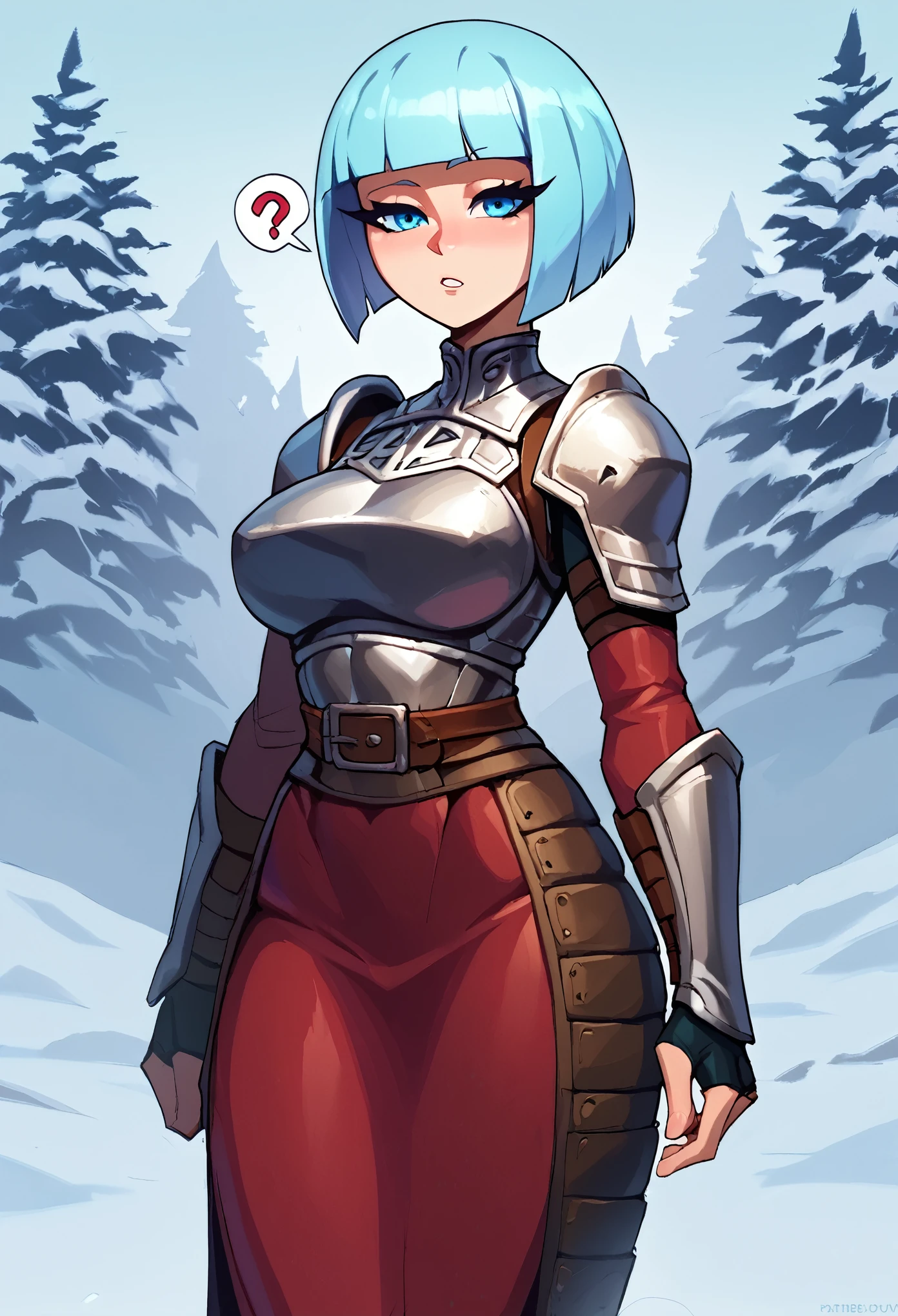 score_9, score_8_up, score_7_up, score_6_up, score_5_up, score_4_up, BREAK 1girl, light blue hair, bob cut hair, blue eyes, long eyelashes, confused expression, standing in the forest, blunt bangs, adult, BREAK solo, large breasts, adult, skinny, arched back, thigh gap, armor, BREAK (snowy background:1.2), simple background, innocent, lovely, adorable,
