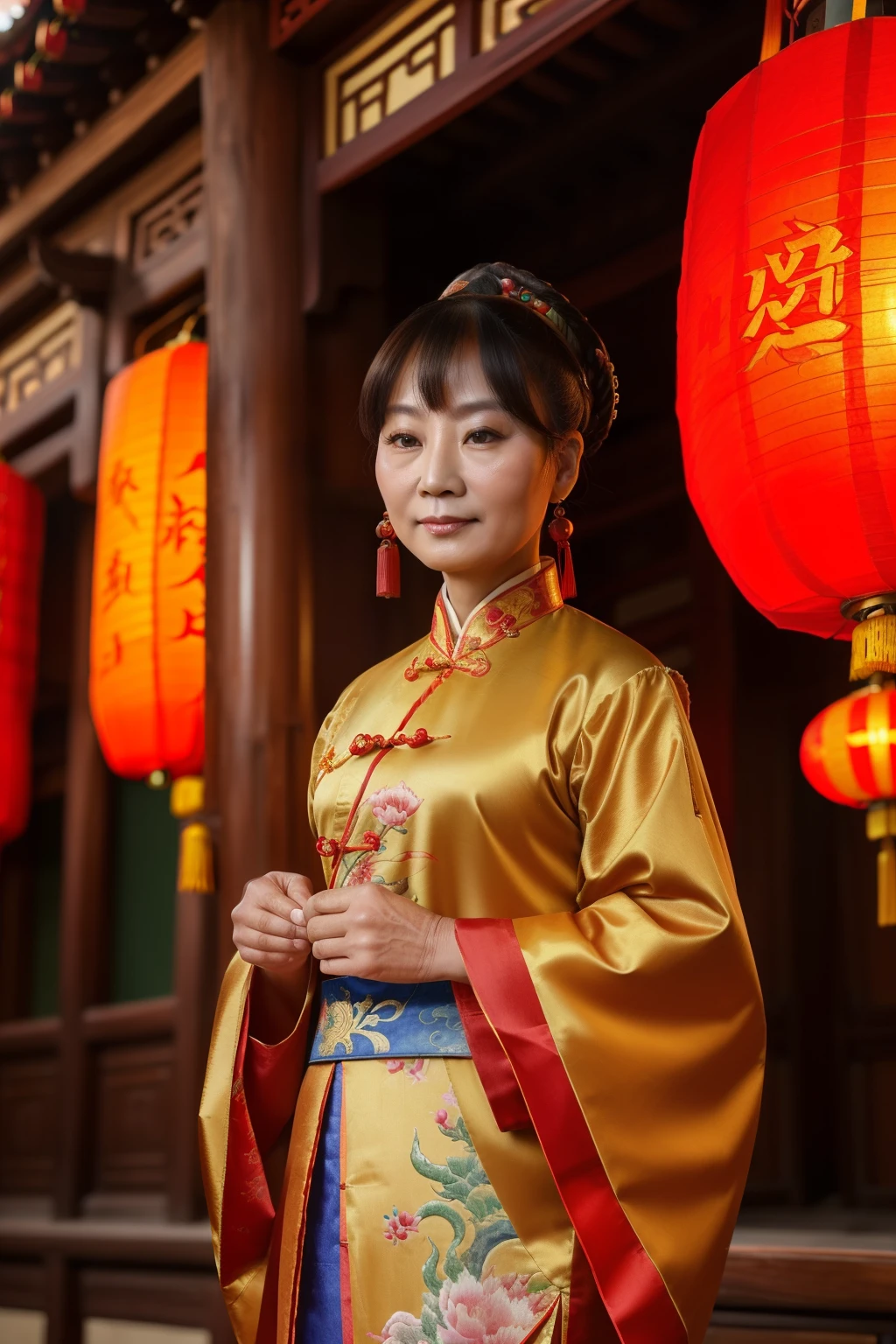 China, 1510. A ((((49-year-old)) Tan Yunxian)), in a lantern festival, ((((chinese clothings from the 1510s)))), ((hairstyle of the 1510s)), ((colorful, Monet))
