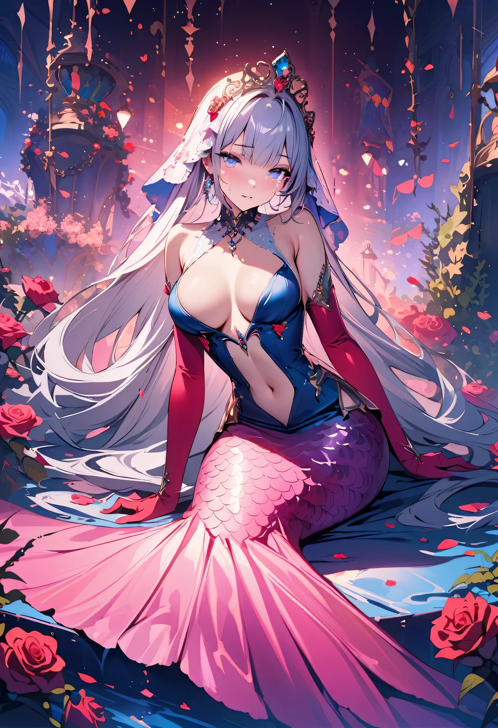 masterpiece, best quality, novel illustration, highres, 18+ mature content, sensual, intimate, emotional, passionate, romantic, sweet, endearing, innocent, pure, captivating, alluring, enticing, mysterious, enchanting, captivating, immersive, mesmerizing, dreamlike, surreal, imaginative, whimsical, artistic, avant-garde, timeless, elegant, sophisticated, chic, refined, unique, original, mesmerizing, ((Beautiful tears:1.3)),((Background: Roses)),((Mermaid Princess:1.3)),