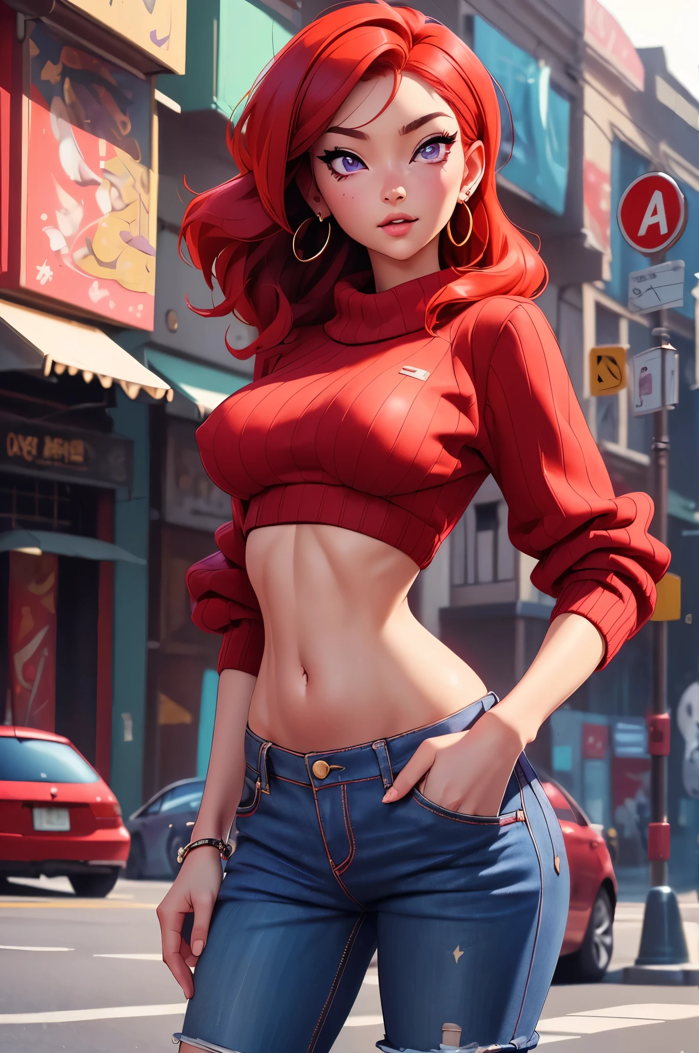 (Masterpiece, Best Quality, High Quality),(NSFW:1.3),Nishikino maki, Red hair, purple eyes, cowboy shot,low waisted pants, tight ,(sweater crop top), (sexy stomach), detailed belly, midriff, big breasts,looking at viewer,  earrings,in street