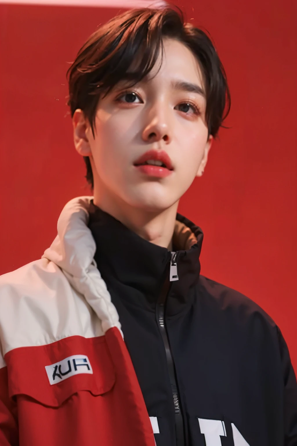 Close up of person wearing jacket and red jacket, Kai Xukun, jungkook, Hyuntae, Jaehyun Jeong, Doyoung Kim, inspirado em Bian Shoumin, cute and pale korean face, Your eyes are red and shining, your eyes are shining red, Jinyoung Shin, young pale angel, Lee Jeong-seok's inspiration, Inspired by Kunkan, 방탄소년단 jungkook, Korean man face, K-Pop Boy, 한국 얼굴 jungkook