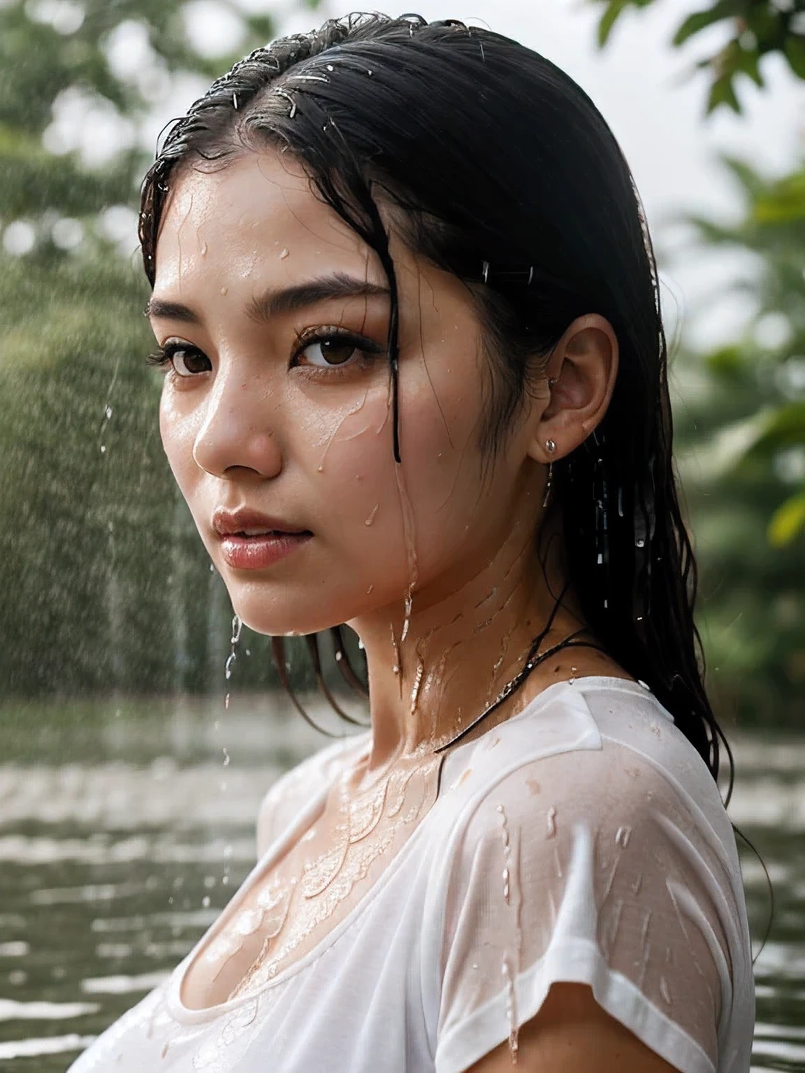 (raw photo:1.2), (photorealistic:1.4), huge file size, super detailed, high resolution, very detailed, best quality, masterpiece, very detailed, 8k wallpaper, amazing, Fine details, masterpiece, best quality, Korean woman, eyeliner, eyeshadow, detailed face, detailed eyes, white t-shirt, torrential rain, soaking wet, covered in dripping water, wet hair, wet dress, dripping water, glistening skin, f/2.0, park in background, water splashing on her head, jean shorts