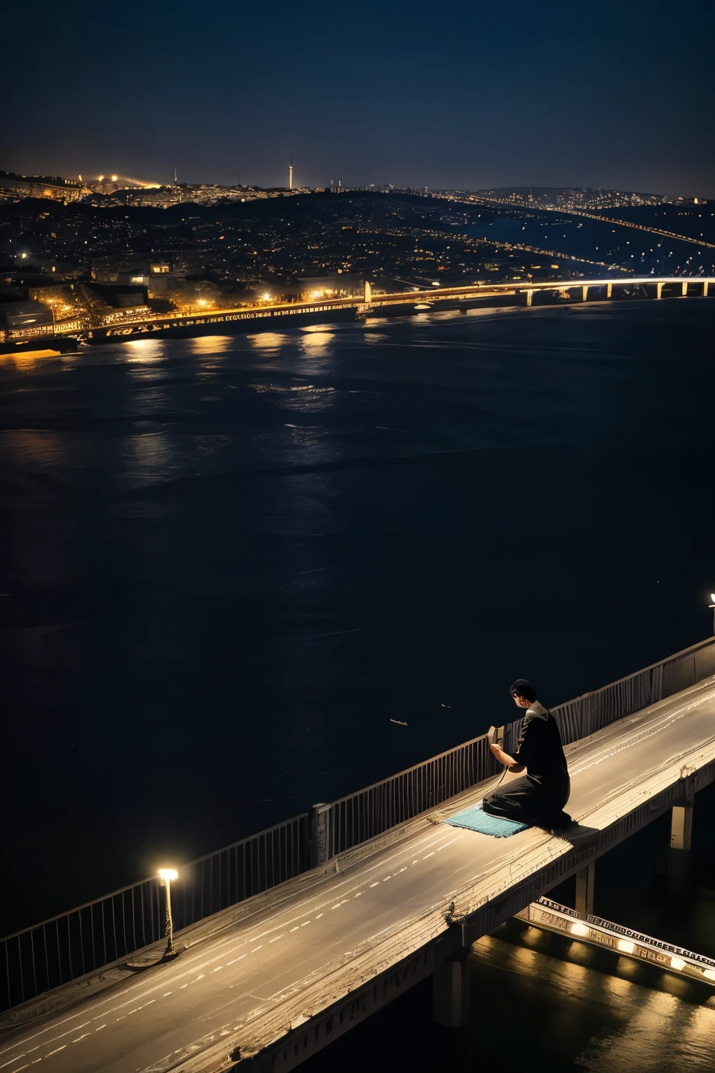 In a night scene in blue tones, a person wearing dark clothes is seen prostrating on a prayer rug on the edge of a bridge in Istanbul, with a view of the city and the bridge extending over the water in the background.