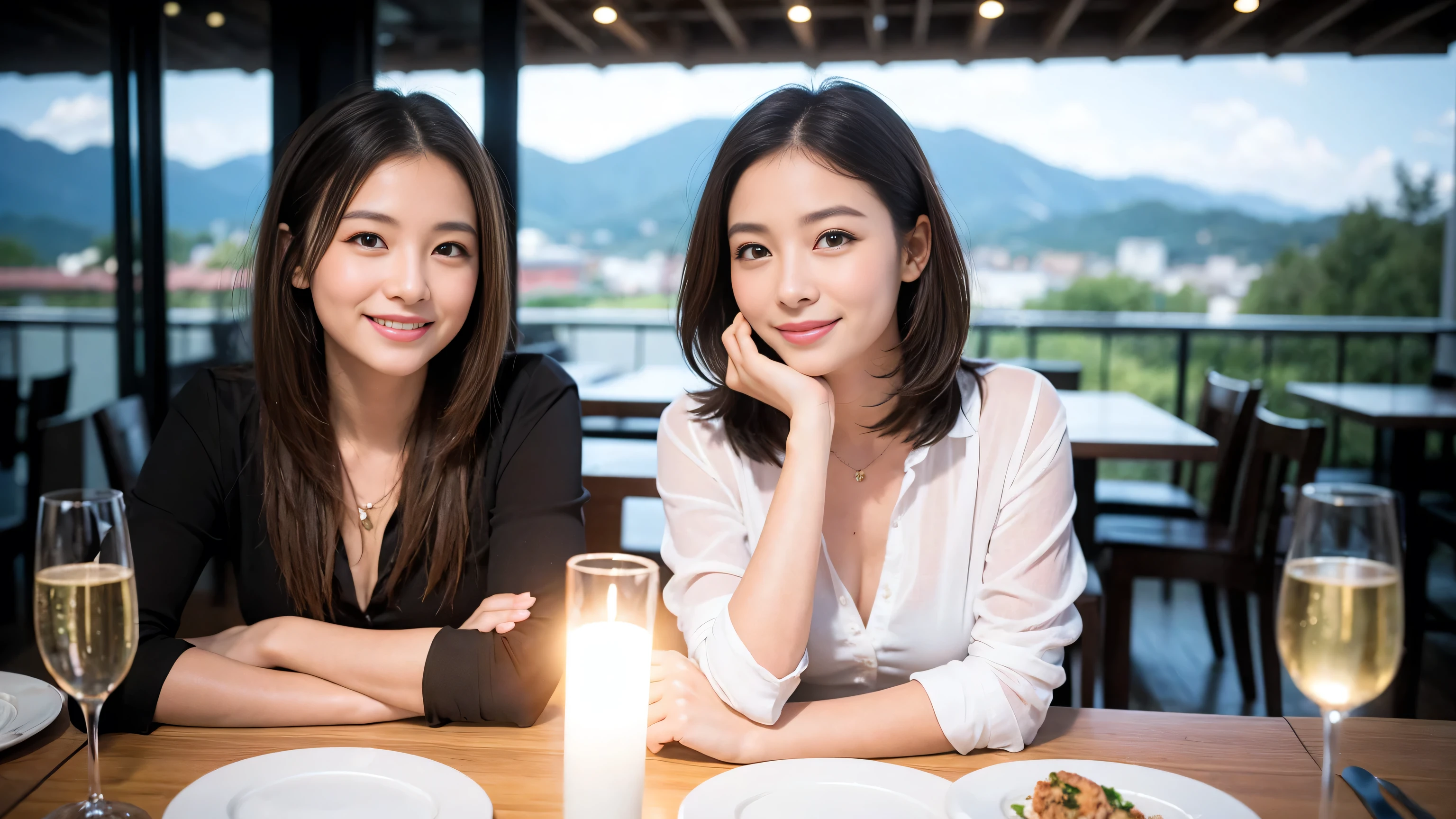 ((highest quality、8k、masterpiece:1.3))、1 male、1 female、Couple、Spouse、Couple、The body is slim、((Bob Hale、Straight hair:1.2)), (Realistic, Intricate details:1.2), Wine glass on the table、Put the light on your face、 Amazing view of the sunset sky and clouds、Amazing mountain views、A bright smile、The wonderfulness of smile、Bright image、The beauty of wine, Beautiful Face, blue eyes, The light shines on your face, Blushing, short hair,Bright Face、 (Age 37), 39 years old, red wine 、Appetizers、Italian food、Wine bottle、Champagne、sparkling wine、Two beauties、Brown Hair、Shortcuts、Long sleeve shirt、dress、Pretty Woman 1, (Slim face), (The body is slim), (Brown Hair), (Shortcuts), cheeks turn a little red,Attractive beauty、restaurant, In a prominent place (From the waist up) Nova Frog Style, actress, model, Upper Body, White wine, slim, wine glass, A wine glass placed in the center, smile, (smile: 1.15), Beautiful fine grain, Depth f/2,saturation, High Contrast, Strong light and shadow,Moist Body:1.5、3D texture、Delicate eyes、Brown Hair、The hair is very shiny、