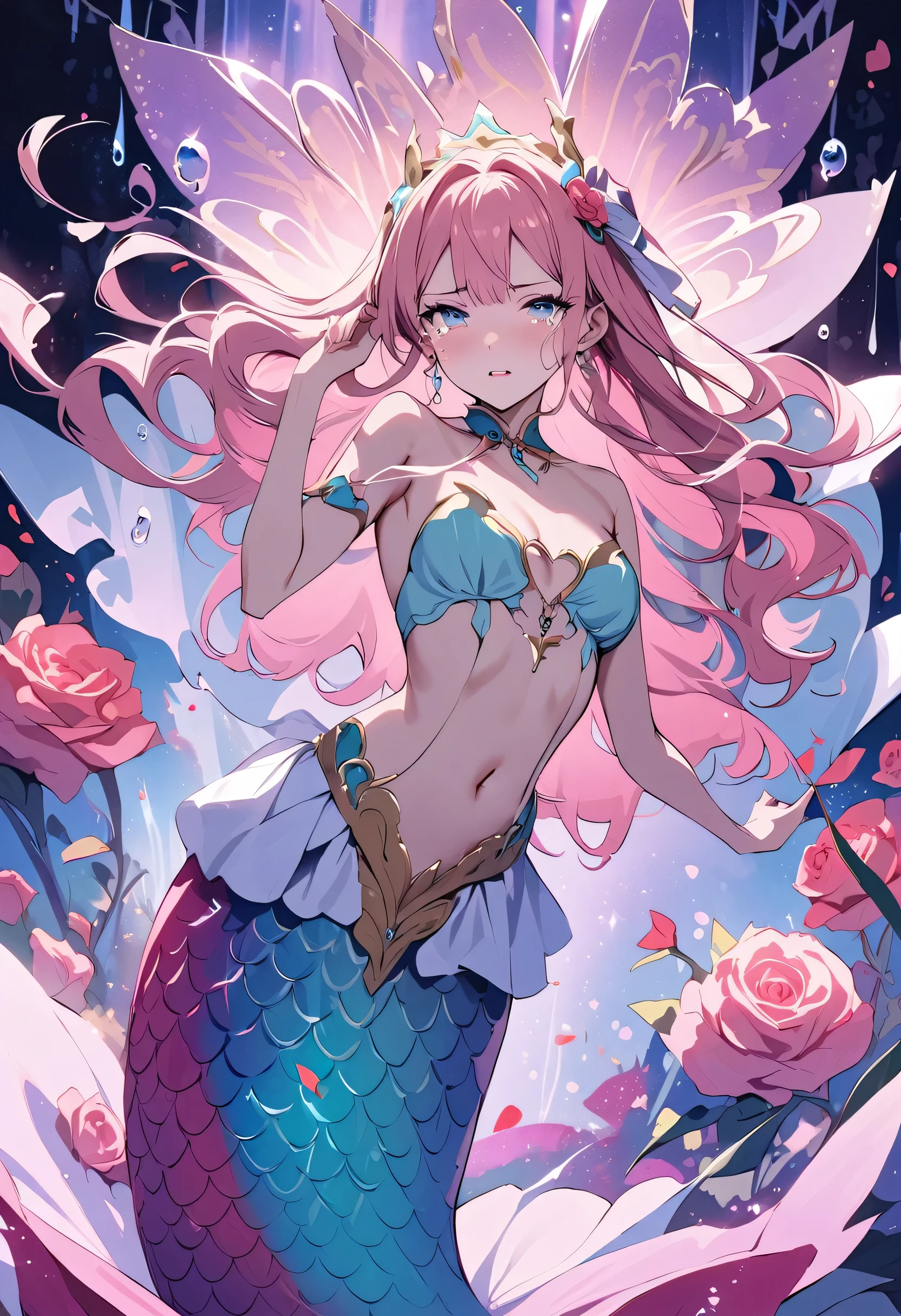 masterpiece, best quality, novel illustration, highres, 18+ mature content, sensual, intimate, emotional, passionate, romantic, sweet, endearing, innocent, pure, captivating, alluring, enticing, mysterious, enchanting, captivating, immersive, mesmerizing, dreamlike, surreal, imaginative, whimsical, artistic, avant-garde, timeless, elegant, sophisticated, chic, refined, unique, original, mesmerizing,((Beautiful tears:1.3)),((Background: Roses)),((Mermaid Princess:1.3)),