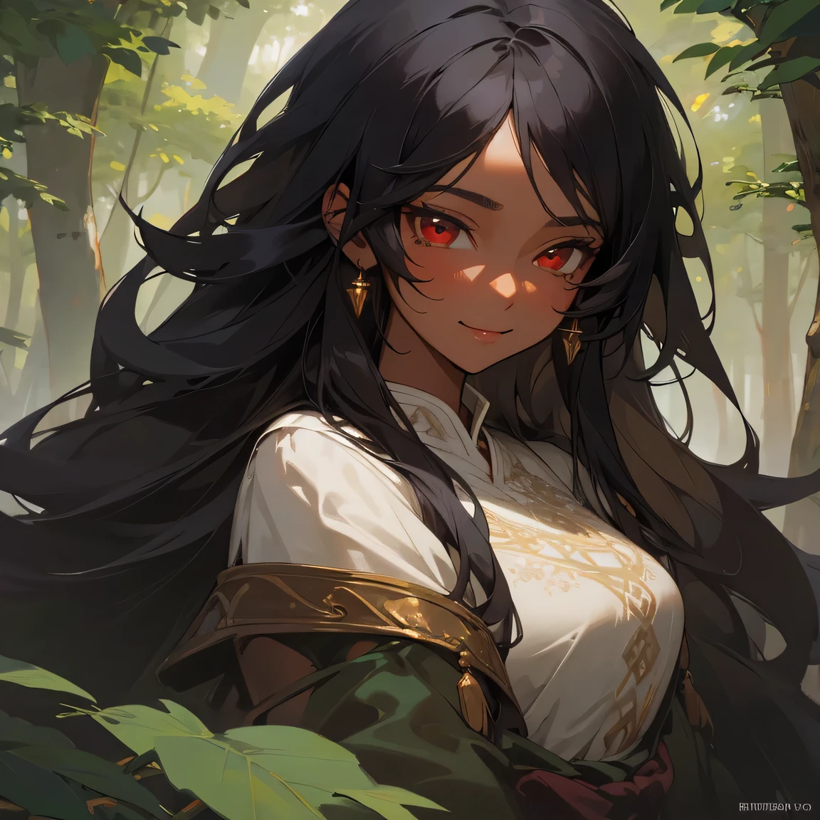 (masterpiece), (best quality), 1female , messy black hair , long hair , dark skin , red eyes , looking into distance , fantasy forest background, casual clothes, detailed face , smile , beautiful face, perfect face, extra detailed face, highly detailed
