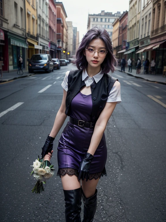(1 lady), (Best quality at best:1.4), (ultra - detailed), (extremely detailed CG unified 16k), A Beautiful Woman with Perfect Figure: 1.4, Sharp Focus: 1.2, purple hair, very detailed, High-definition RAW color photo, professional photoshooting, amazing face and eyes, cosmetics, standing, (amazingly beautiful girl), ((kotomi)), (((exact clothes: multicolor dress, black vest over the dress, Black Lace Bridal Gloves, glasses, wearing black combat boots))), (looking cute, immerse in her own thoughts expression), (City park, extremely detailed background, realistic background, first date vibes), (look from above), realistic cinematic face, head to feet long wide zoomed out view, full body long view, head to shoes, photorealistic, ((realistic natural purple hair style, purple eyes)), gorgeous, extremely beautiful face, pretty face, delicate girl, (attractive body, fit woman, big girl, athletic body, strong female), perfect model beauty, pout mouth, Highly Detailed Face and Skin Texture, Detailed Eyes, Double Eyelids, Medium size breasts, shy but motivated expression, (masterpiece), best quality, high resolution, extremely detailed, cinematic lighting, amazing legs, clear and well-cared skin, (milky pale skin, white skin like milk), official dior editorial, trending on pinterest, dreamy, aesthetic, ((style raw))