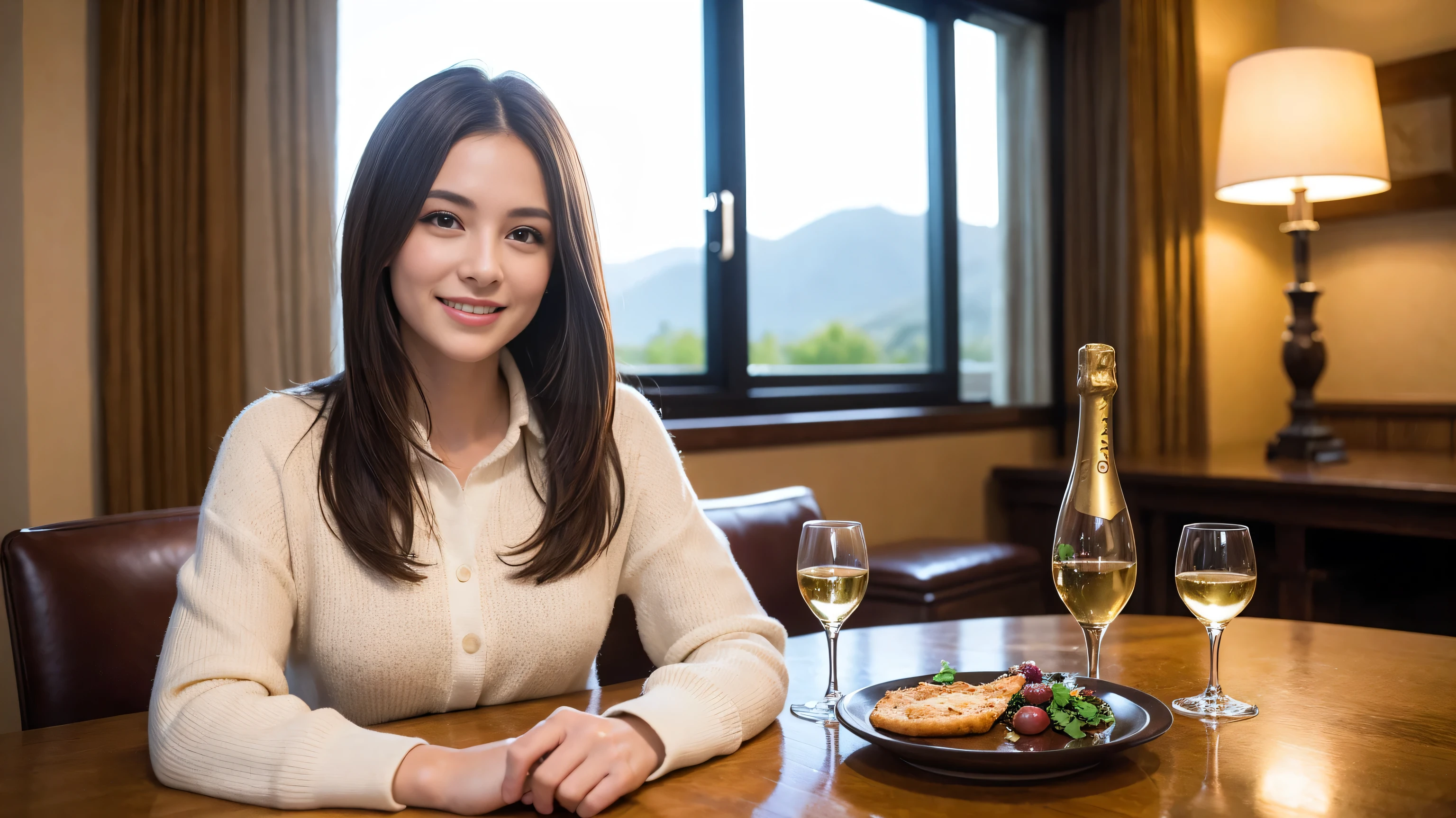 ((highest quality、8k、masterpiece:1.3))、1 male、1 female、Couple、Spouse、Couple、The body is slim、((Bob Hale、Straight hair:1.2)), (Realistic, Intricate details:1.2), Wine glass on the table、Put the light on your face、 Amazing view of the sunset sky and clouds、Amazing mountain views、A bright smile、The wonderfulness of smile、Bright image、The beauty of wine, Beautiful Face, blue eyes, The light shines on your face, Blushing, short hair,Bright Face、 (Age 37), 39 years old, red wine 、Appetizers、Italian food、Wine bottle、Champagne、sparkling wine、Two beauties、Brown Hair、Shortcuts、Long sleeve shirt、dress、Pretty Woman 1, (Slim face), (The body is slim), (Brown Hair), (Shortcuts), cheeks turn a little red,Attractive beauty、restaurant, In a prominent place (From the waist up) Nova Frog Style, actress, model, Upper Body, White wine, slim, wine glass, A wine glass placed in the center, smile, (smile: 1.15), Beautiful fine grain, Depth f/2,saturation, High Contrast, Strong light and shadow,Moist Body:1.5、3D texture、Delicate eyes、Brown Hair、The hair is very shiny、