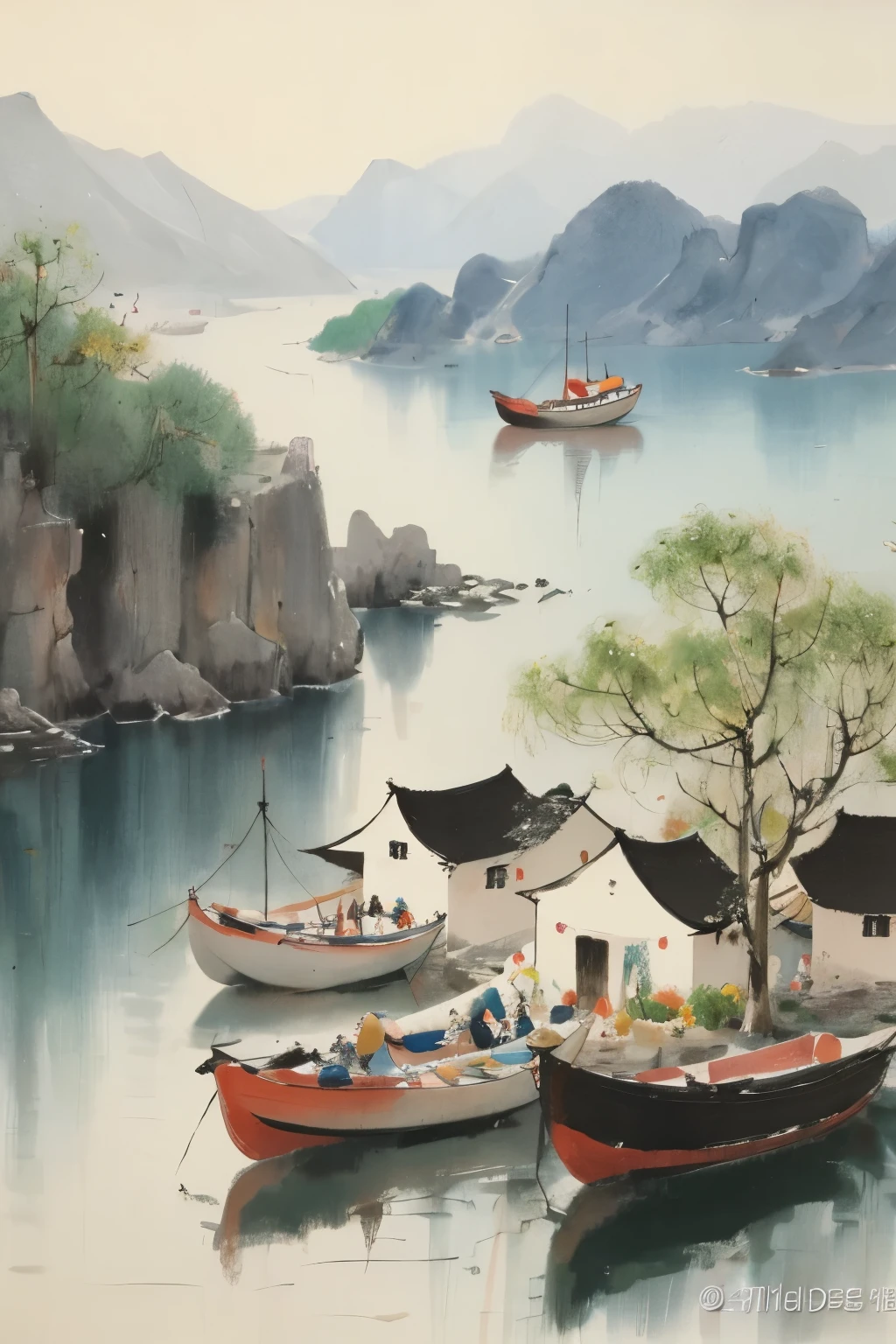 wu,yijing,watercraft,boat,ship,no humans,water,branches,Ink wash painting,pure,mountain,