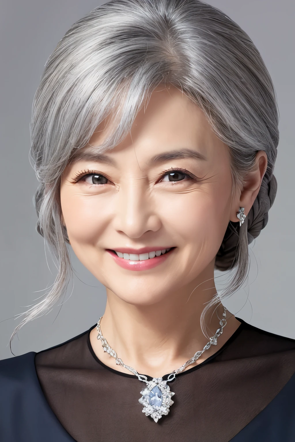 62 years old。smile、Your eyes are sparkling、Gray Hair、upper class、dignity、haute couture、