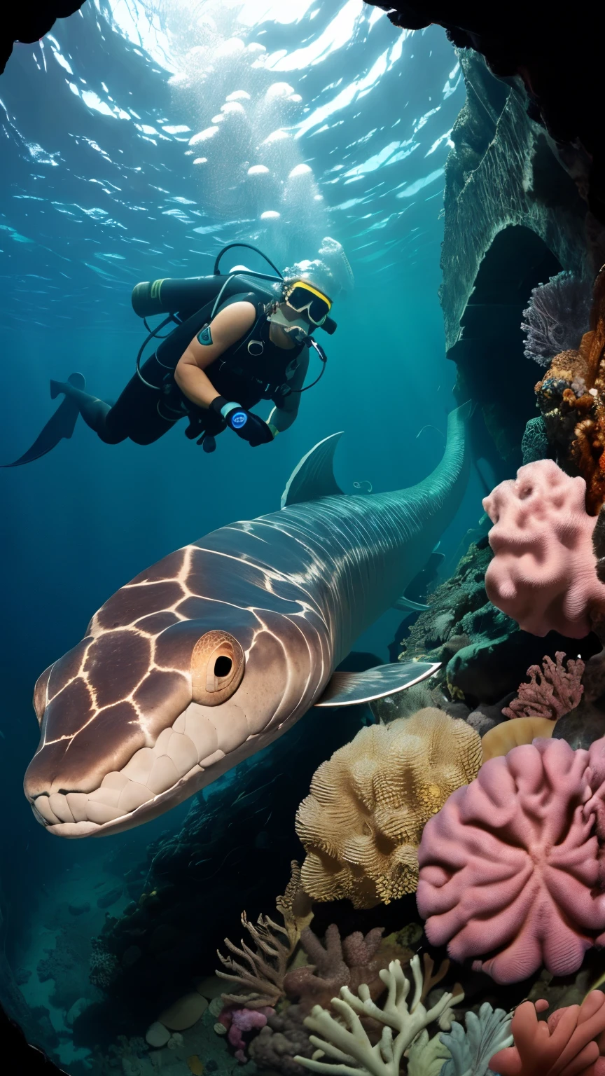 Wide angle view, sea snakes, real underwater world, coral reefs, divers, giant sea snakes, fisheye, underwater creatures, deep sea giants, mutated creatures, deep sea world, real photos, extreme horror, realism, highest quality, giant creatures, a diver is diving, a giant sea snake lurks in the depths and peeks out of the hole and looks at the diver with its huge head.