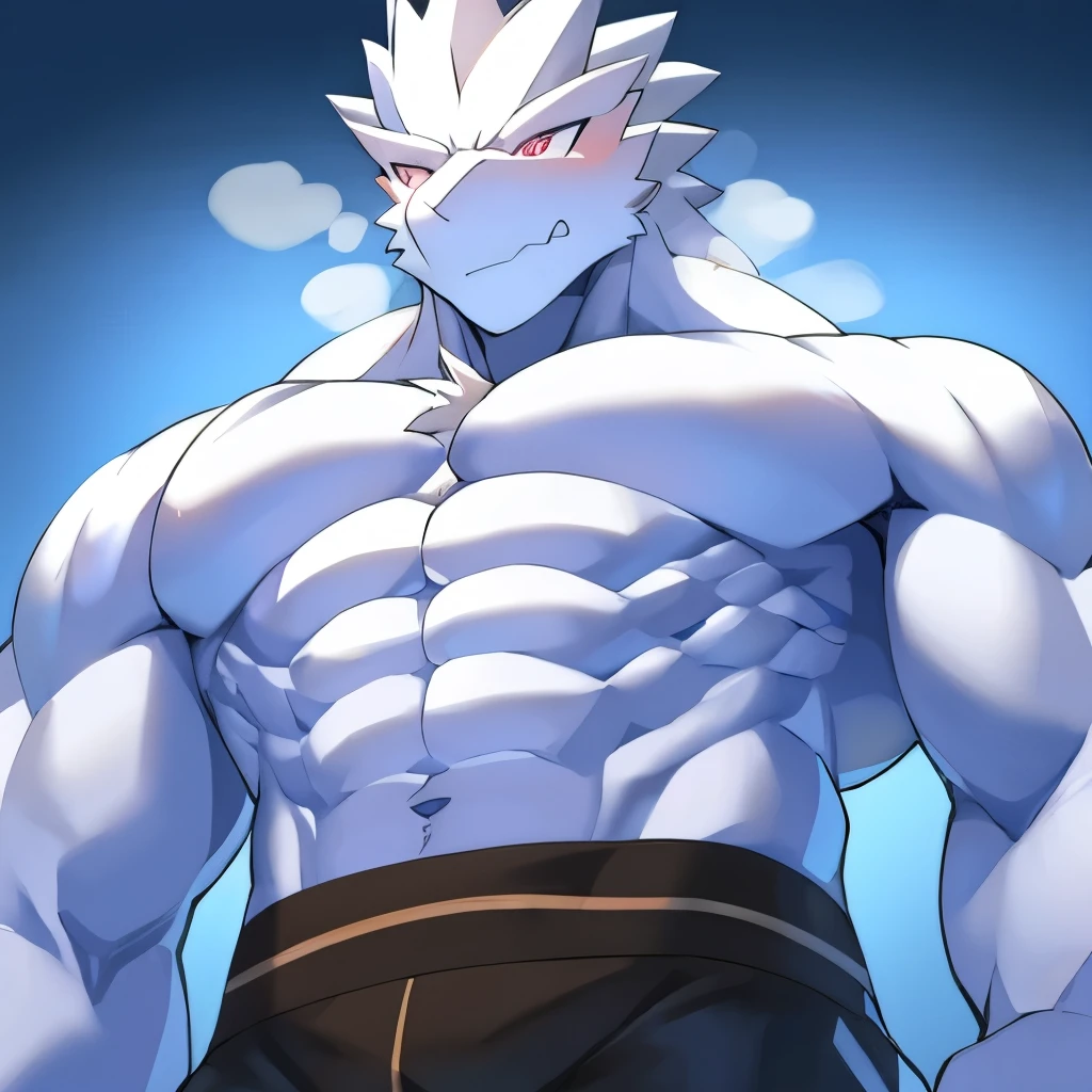 Thin macho white dragon abs Hollow abs thick arms chest rig 、sweaty skin glow profile Wearily short of breath clenching one's back teeth Knees on the floor rubber suit